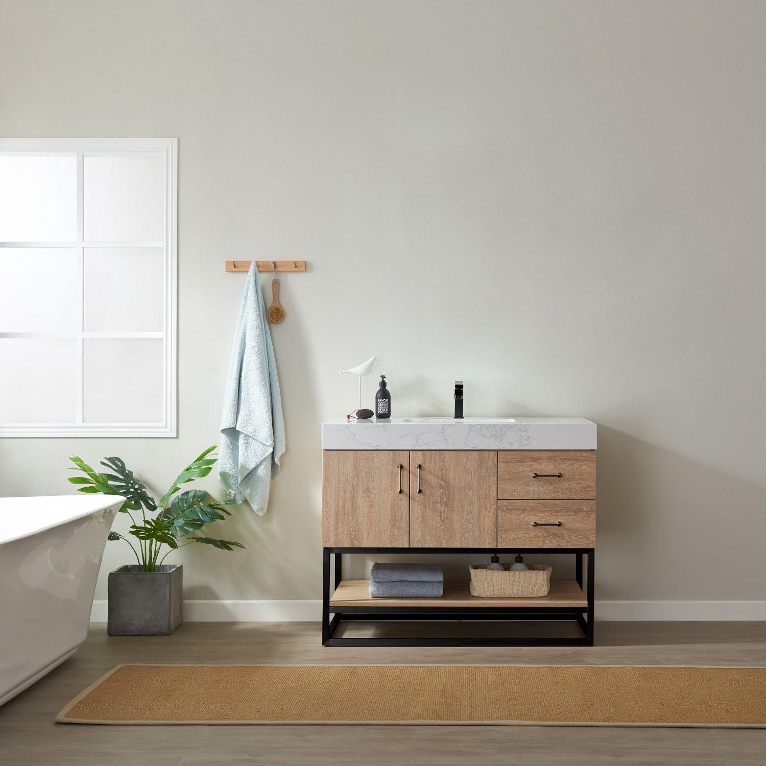 42 Inch Oak Single Vanity with White Stone Top and Matte Black Frame