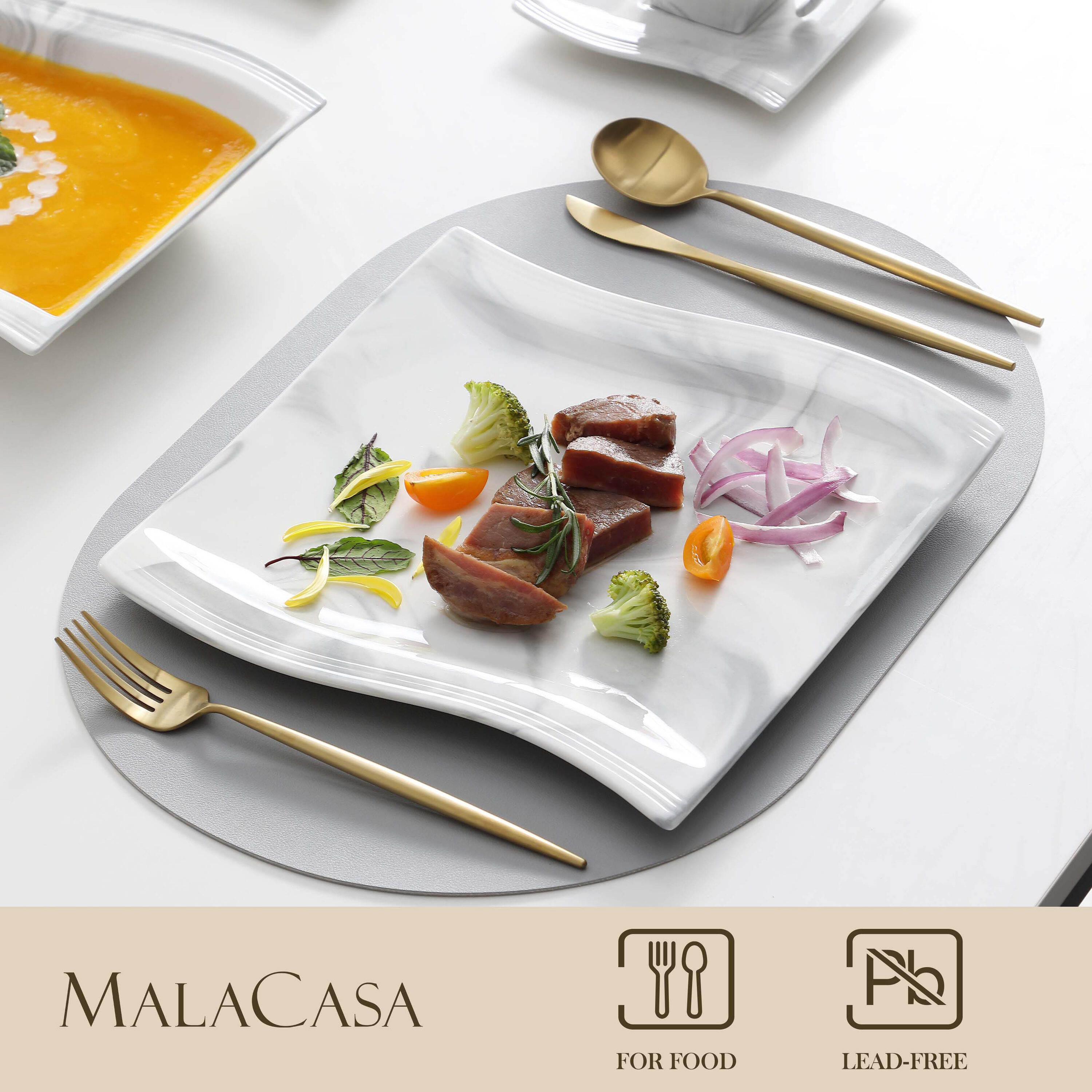 MALACASA Flora 18-Piece Marble Grey Porcelain Dinnerware Set with