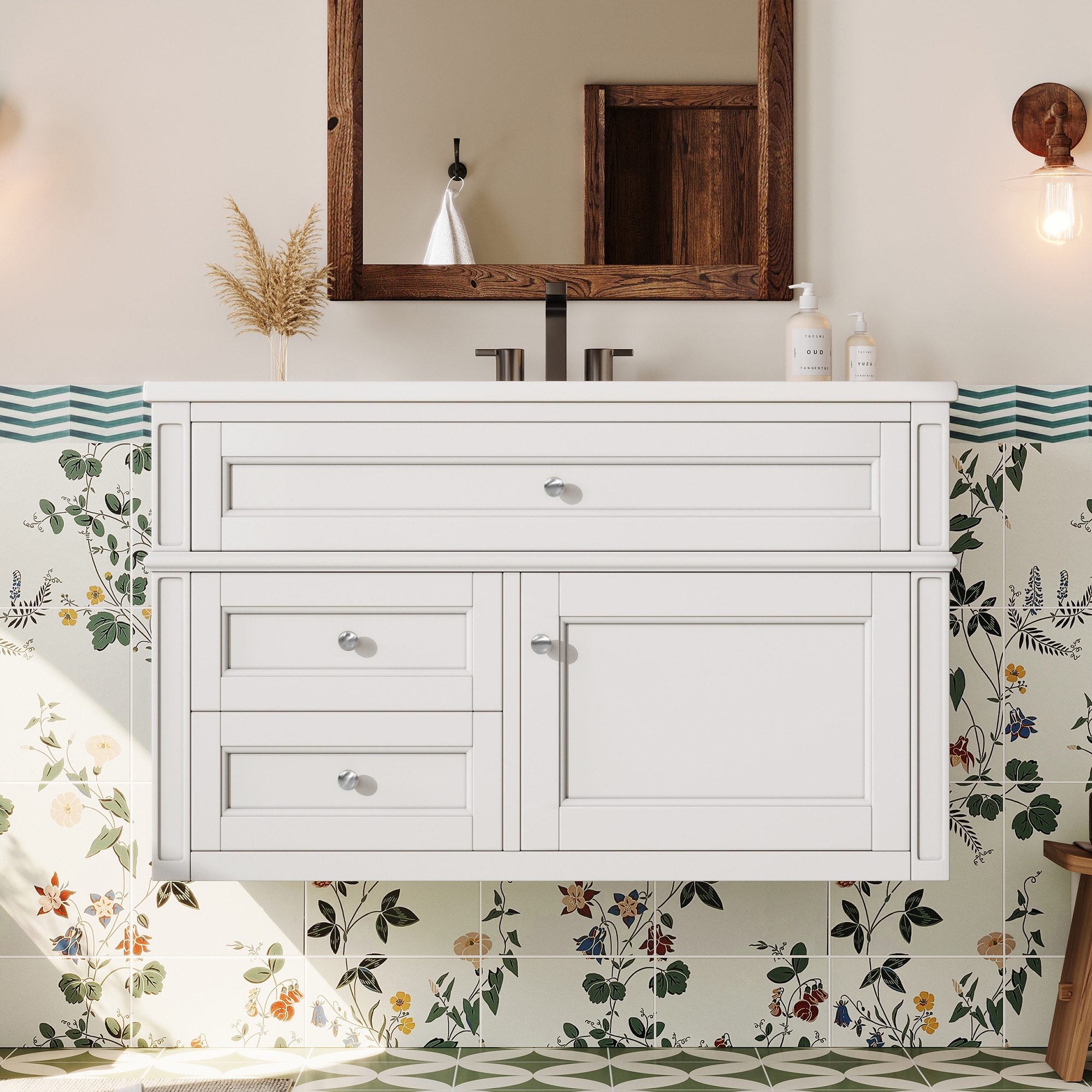 Afhocomp 36 in. Single Wall-mount White Bath Vanity with White Ceramic Top and White Ceramic Sink Assembled