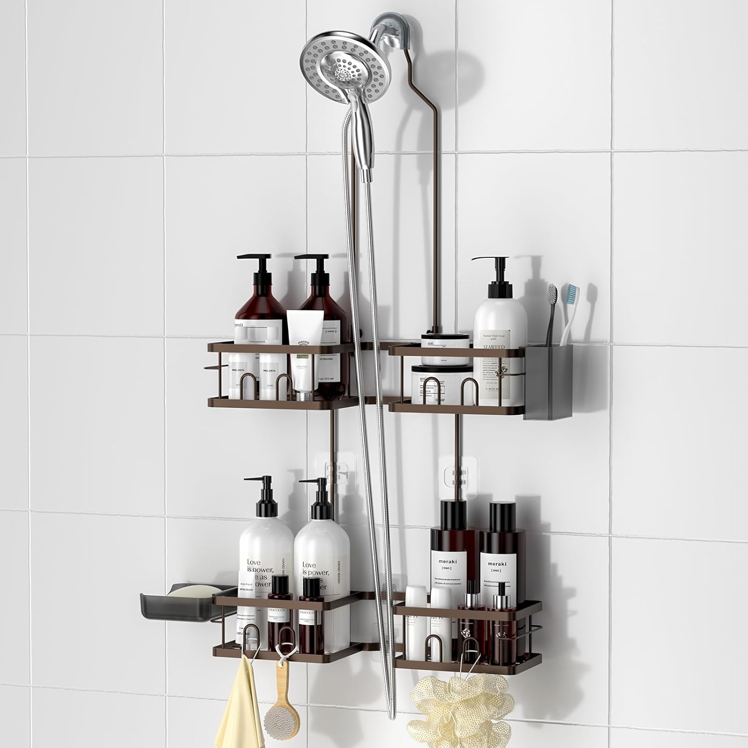 Kitstorack Adjustable Hanging Shower Caddy for Handheld Showerheads with 4 Baskets Hooks and Soap Holder Rustproof Bronze Finish Tool-Free Install