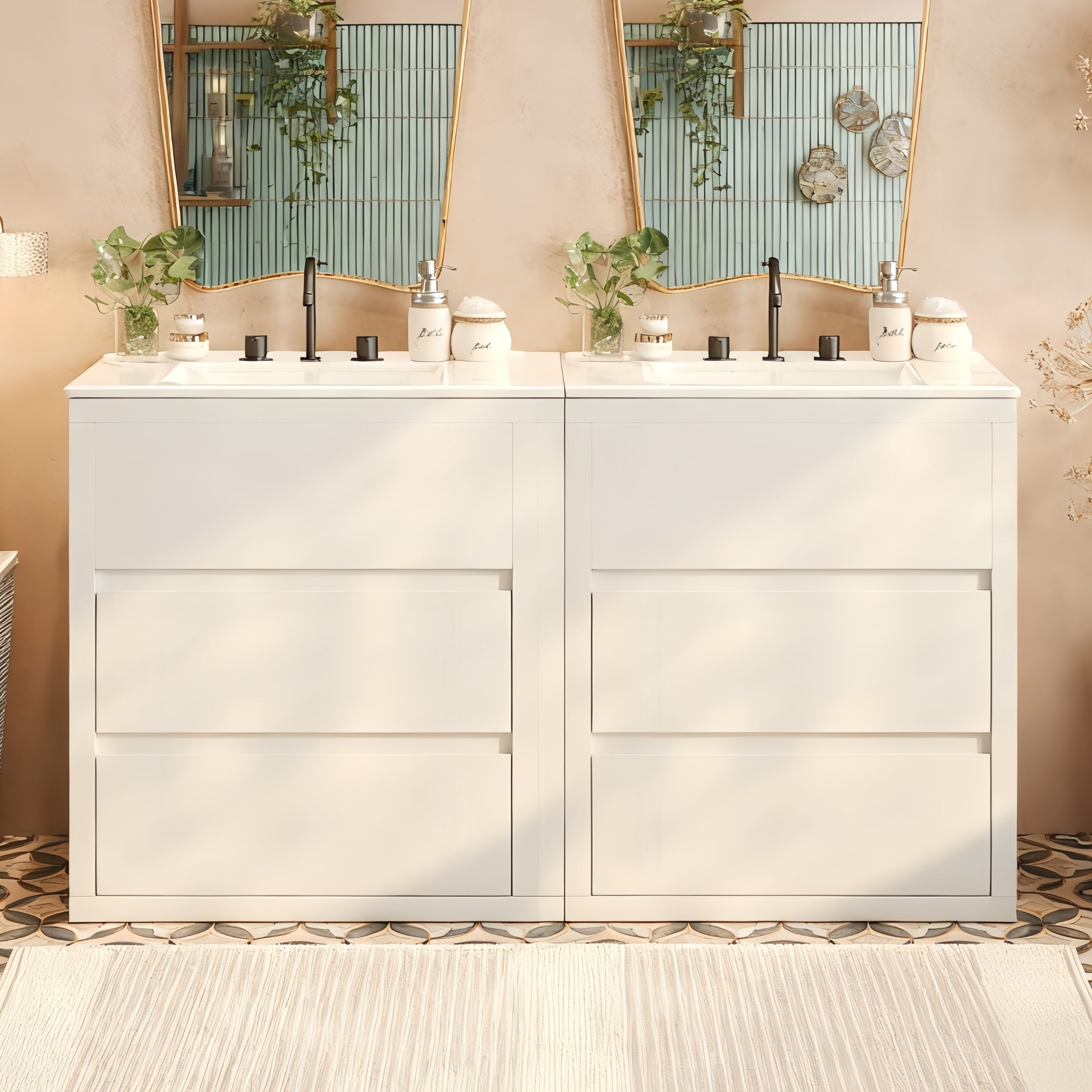 Vynxaria - 60-in White Double-Sink Bathroom Vanity with Cabinet Storage Ceramic Sink