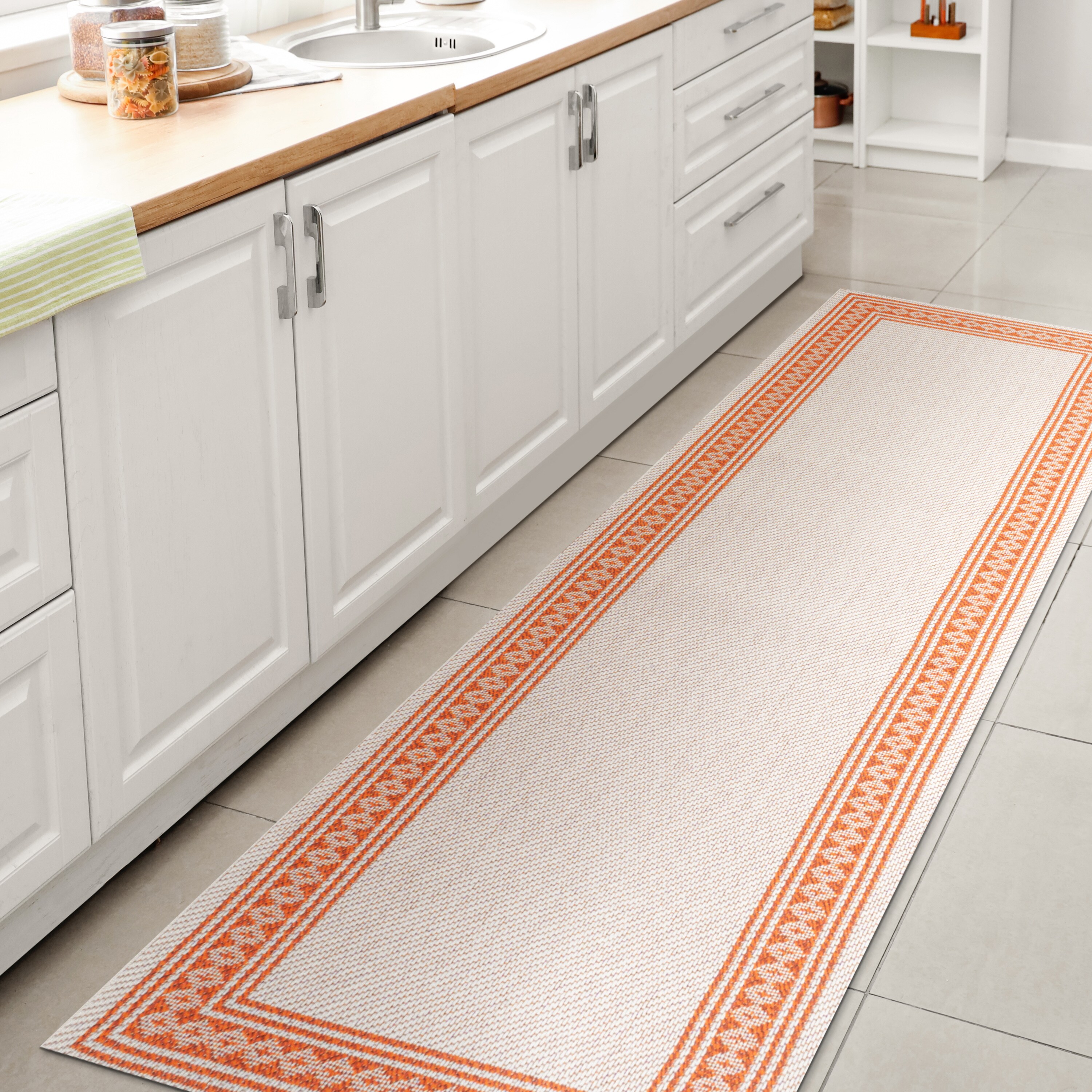 Santa Monica Cream/Orange Flat Woven Synthetic Runner Rug 2x8