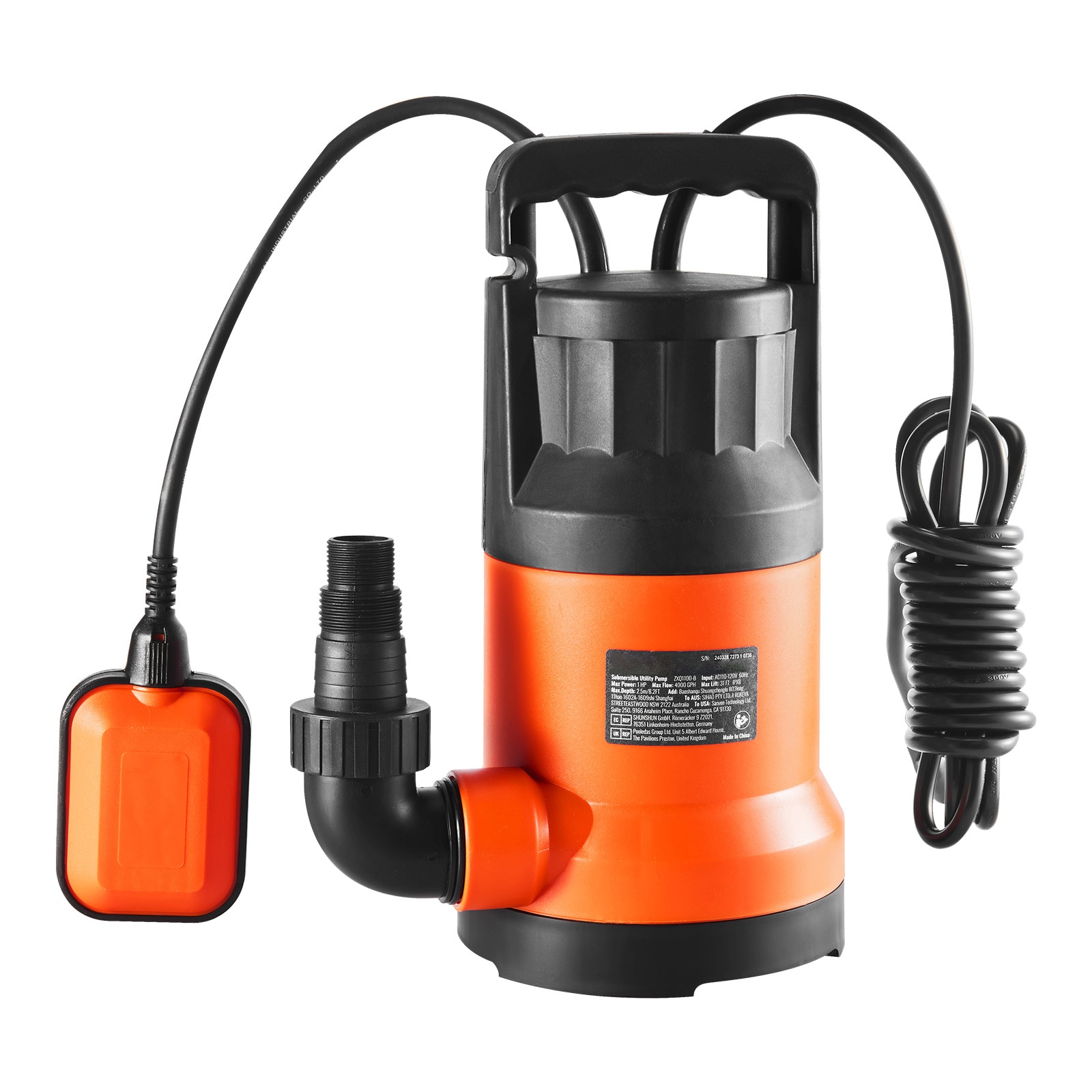 GIVIMO 1-HP Submersible Utility Pump with 4000-GPH Max Flow 31-ft Max Head IPX8 Rating 10-ft Power Cord G1-1/2-in Discharge Plus NPT 1-in GHT 3/4-in and 35-mm Adapters Overload Protection Detachable Bottom Filter and Carrying Handle for Pool Pond Basement