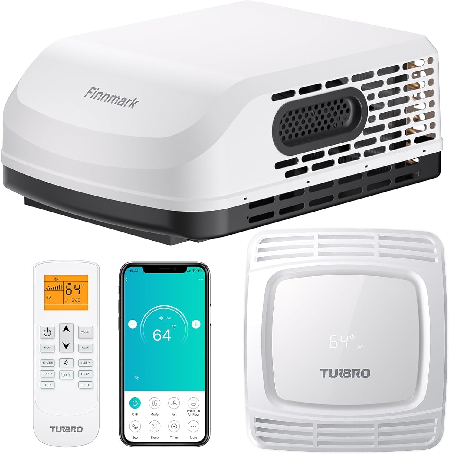 TURBRO  Finnmark 15000 BTU RV Air Conditioner with Heater WiFi and Remote Control Non Ducted Rooftop AC 115V LED Mood Light for Campers Trailers Food Trucks Quiet Operation White Heating and Cooling Climate Control System