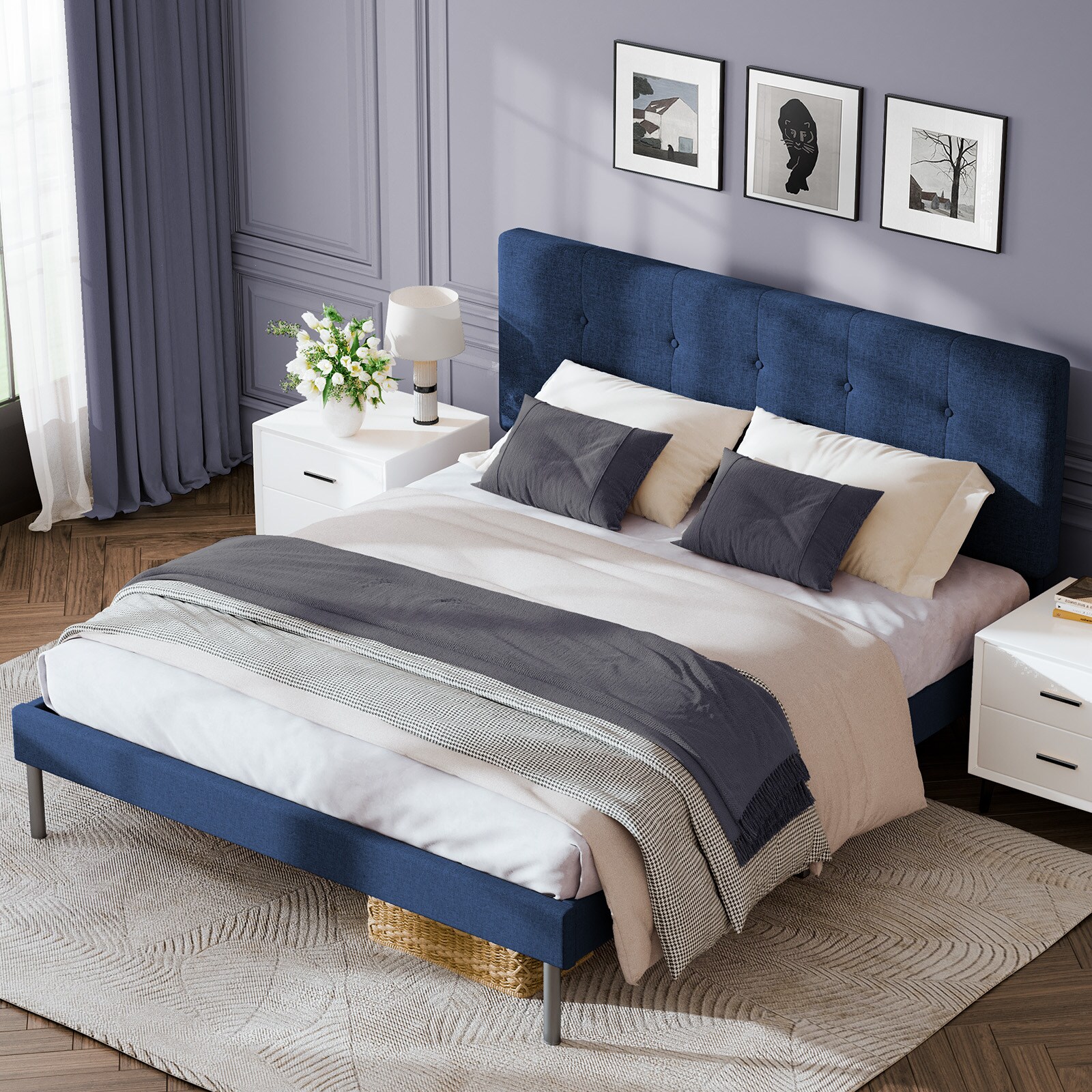 VOUA Bed Frame with Headboard Navy Queen Wood and metal Bed frame Bed