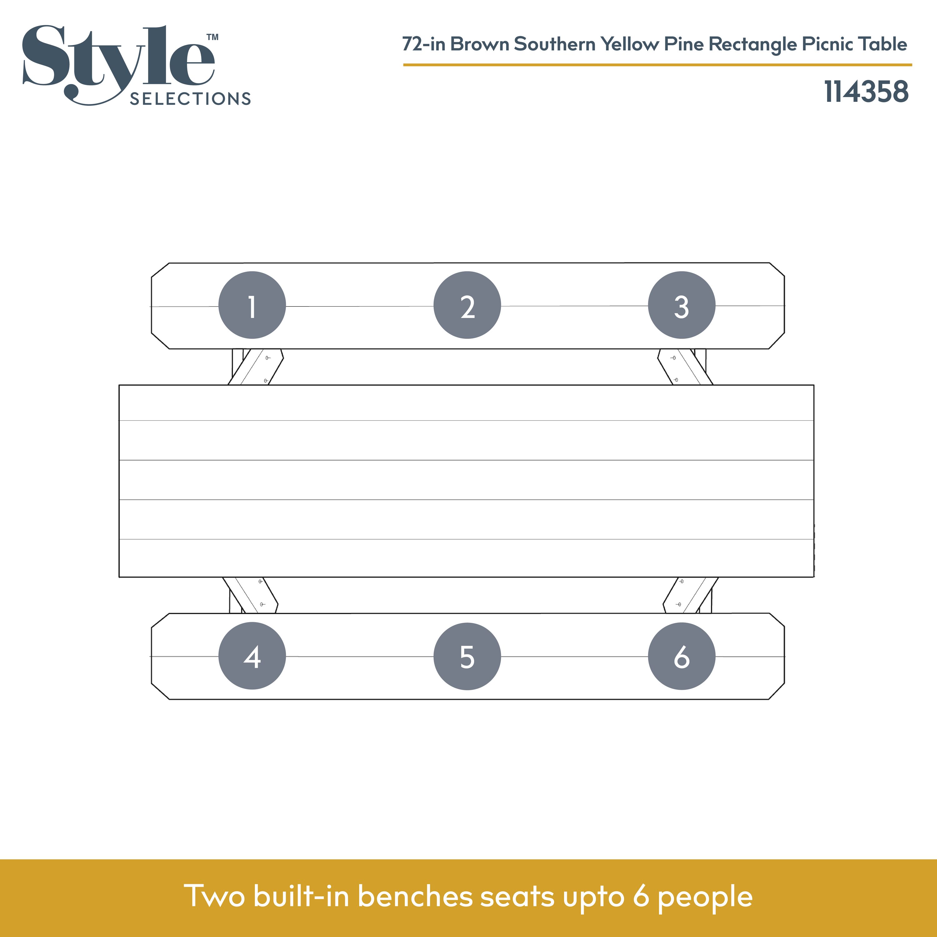 Style Selections 72-in Brown Southern Yellow Pine Rectangle Picnic Table