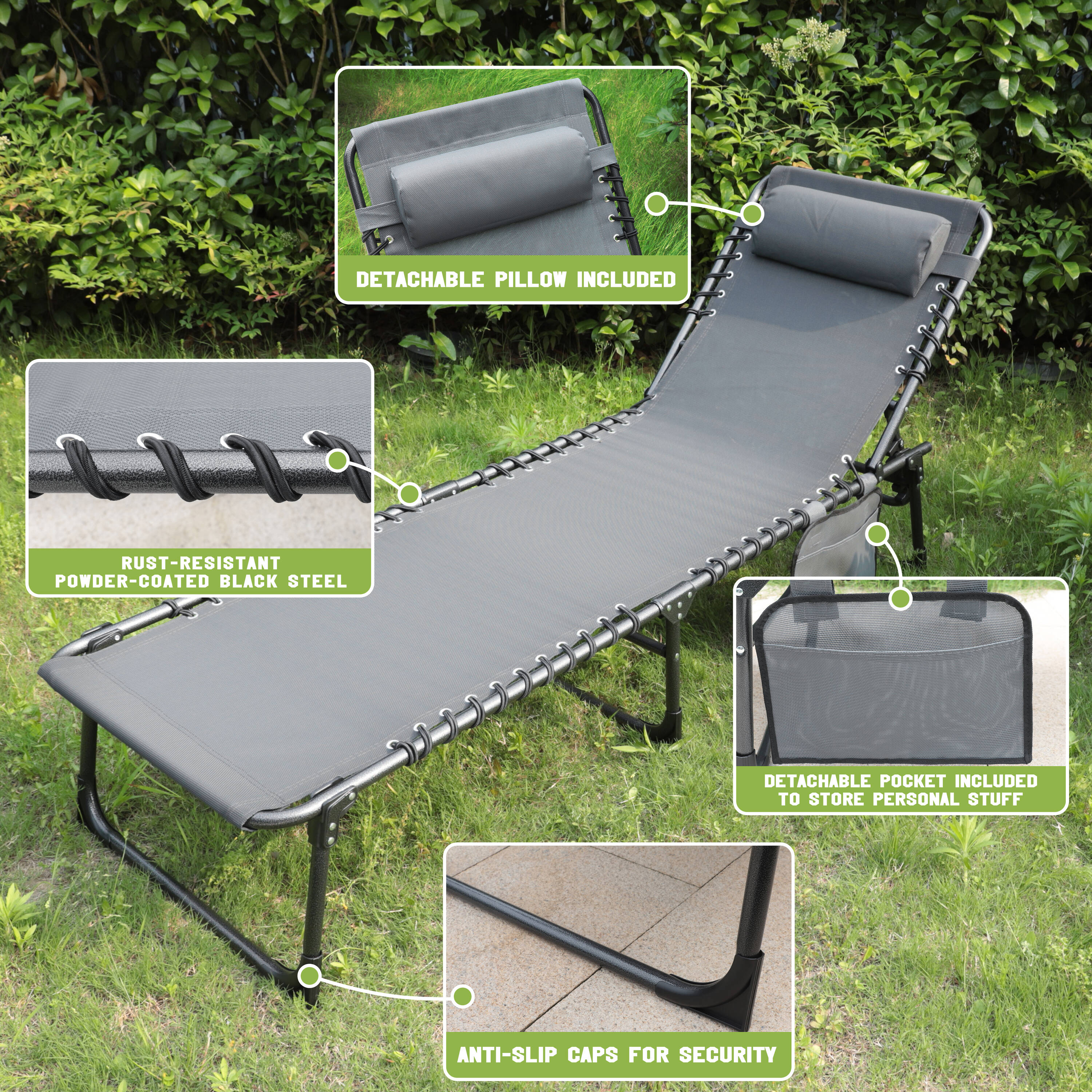 VEIKOUS Stackable Dark Gray Steel Frame Stationary Chaise Lounge Chair ...