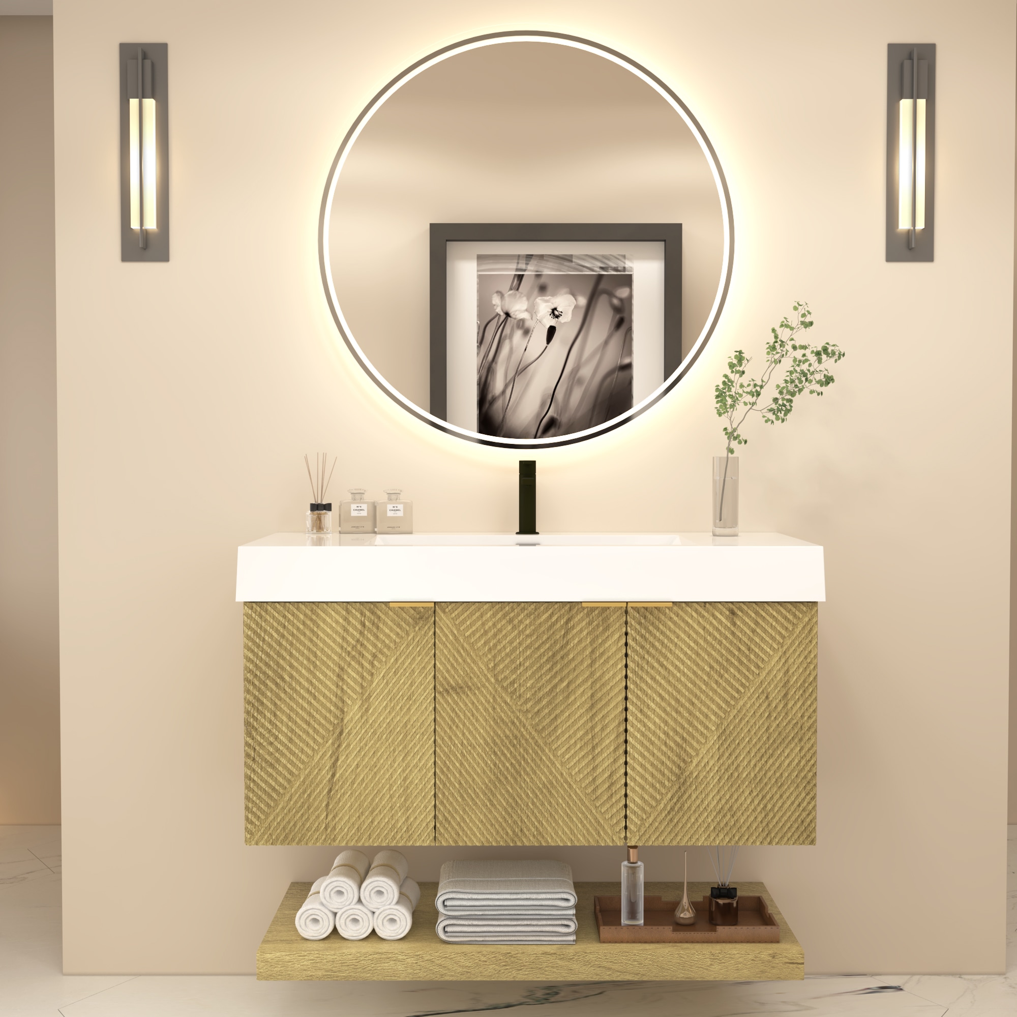 BV Better Vanity MT42L-TG Stella 42-in Teak Oak / Left Side Door Single Sink Floating Bathroom Vanity with White Acrylic Top