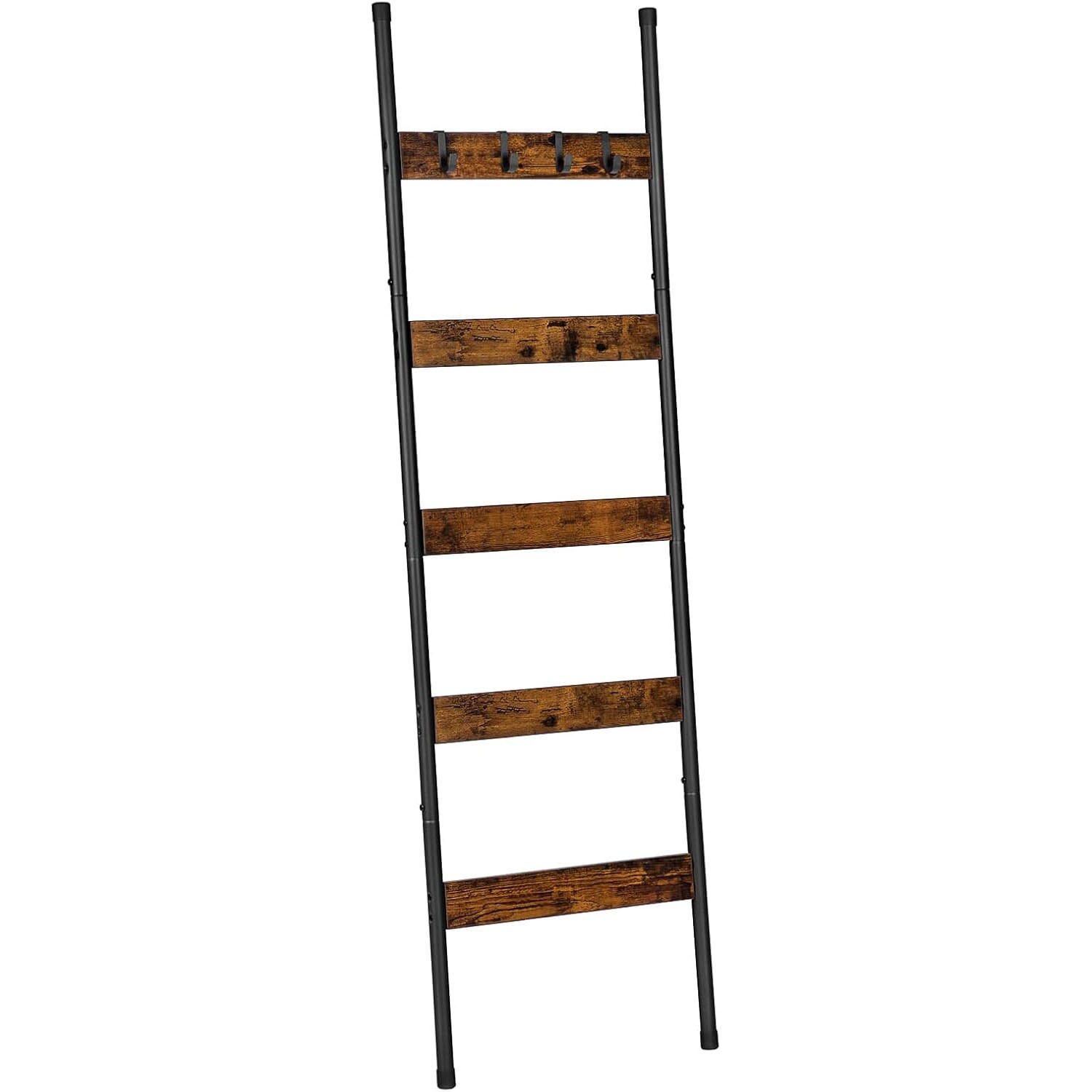 Hoobro B0BCG5RX1C Blanket Ladder 5 Tier Towel Rack with Hooks Wall Leaning Blanket Rack Decorative Display Ladder Shelf for Scarves Industrial Living Room Bedroom Rustic Brown and Black