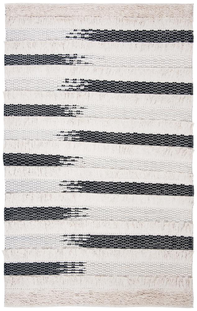 Ivory and Black Striped Wool Cotton Area Rug, 5' x 8'