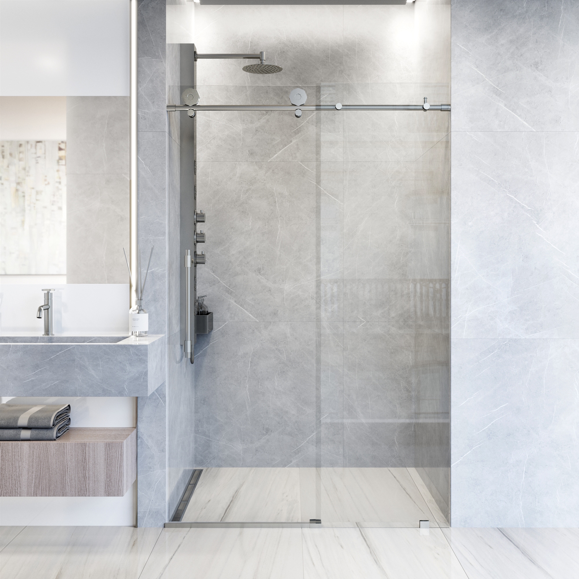 VIGO VG6022STCL7276 Elan Hart Stainless Steel 68-in to 72-in W x 76-in H Frameless Sliding Shower Door 3/8-in Thick Clear Glass