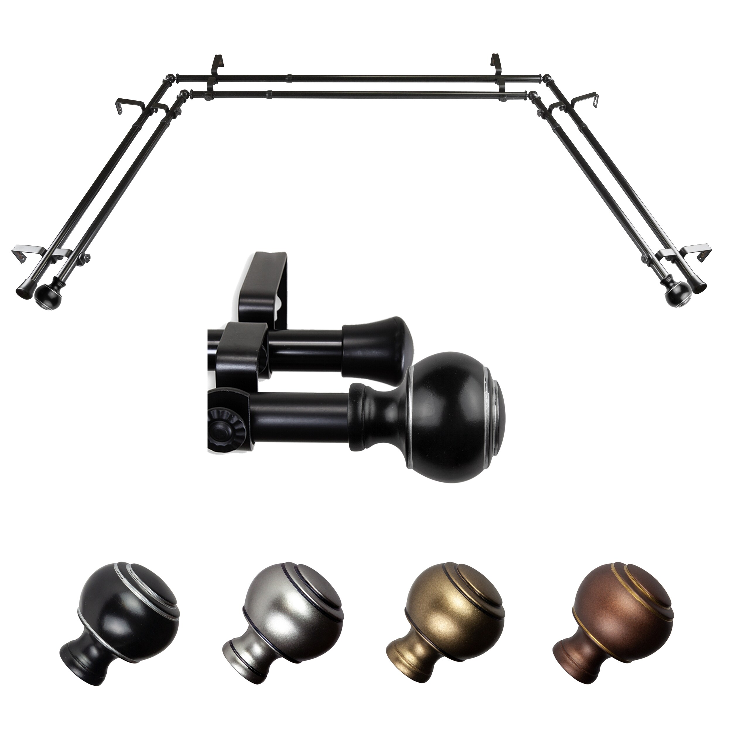 Hart & Harlow L-ABAY-98-2D Jaxon 13/16-in Double 38-in to 72-in Black Steel Bay window curtain rod with Finials