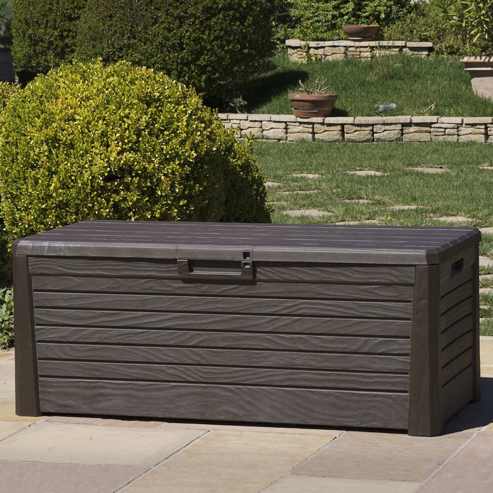 Rubbermaid Bridgeport 46-in L x 24.6-in 123-Gallons Dark Teak Plastic Deck  Box in the Deck Boxes department at