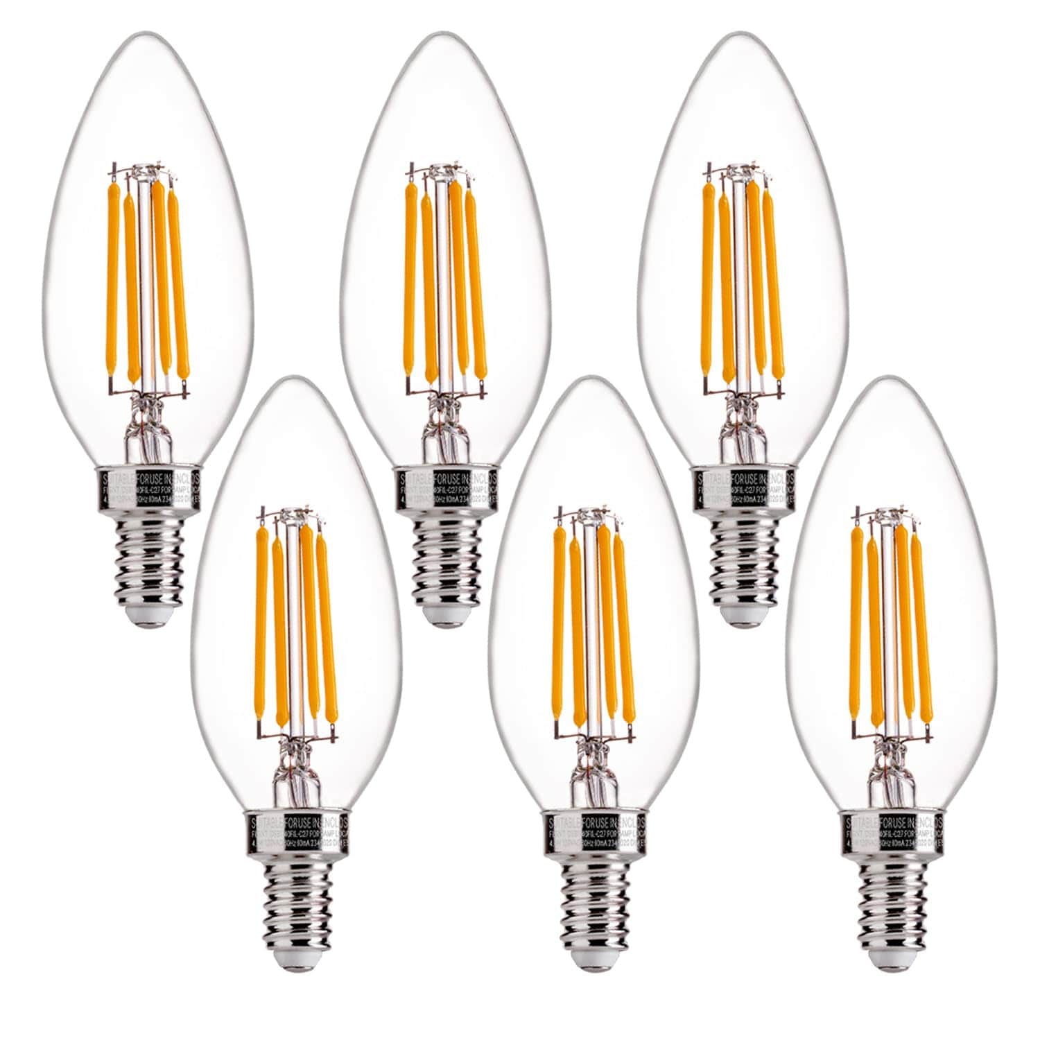 Etokfoks  60W Equivalent LED Chandelier Light Bulbs Dimmable E12 Clear B11 Filament 2700K Soft White 6 Pack Candelabra Damp Location