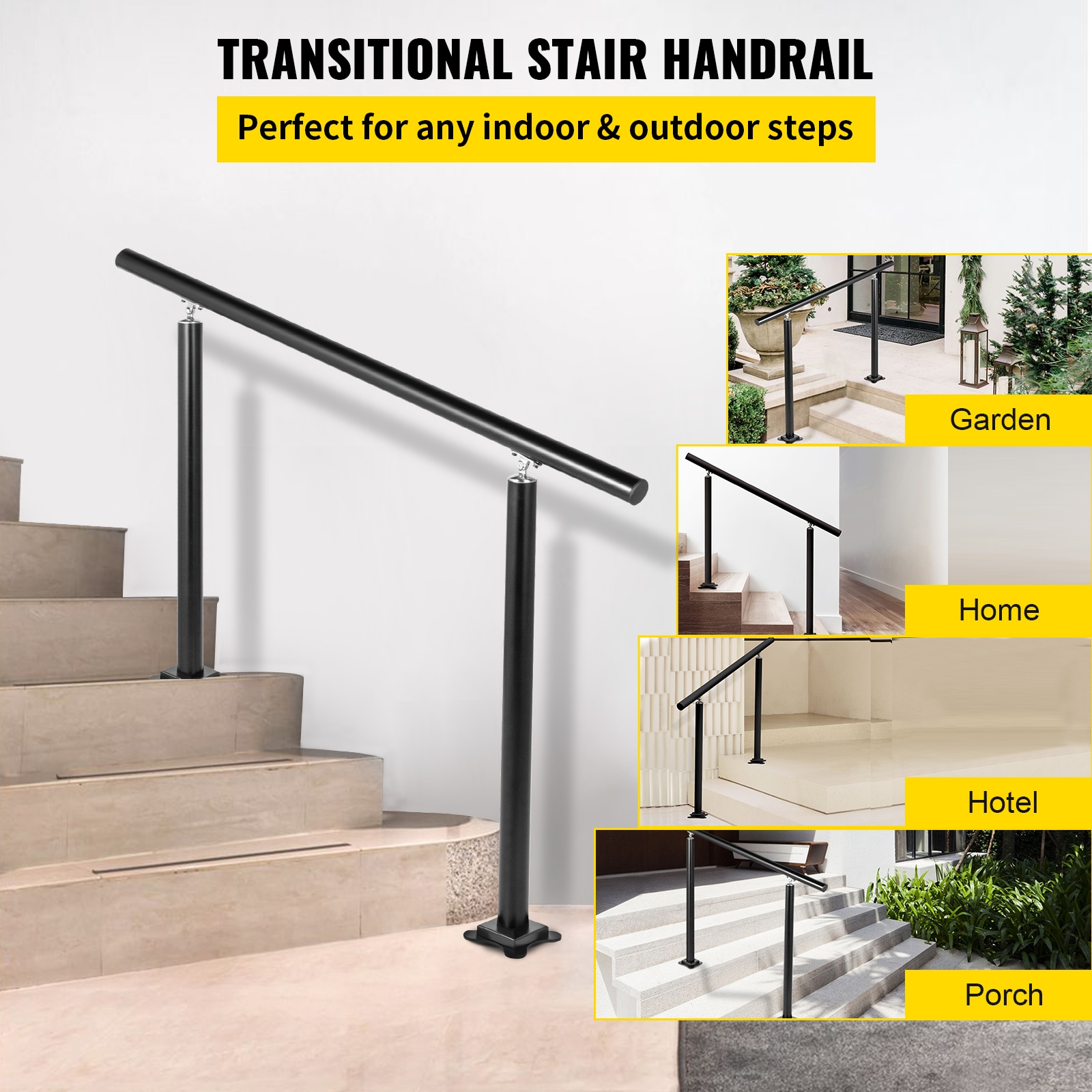 VEVOR 1-4 Steps Aluminum Handrail 47.6-in x 35.8-in Aluminum Finished ...