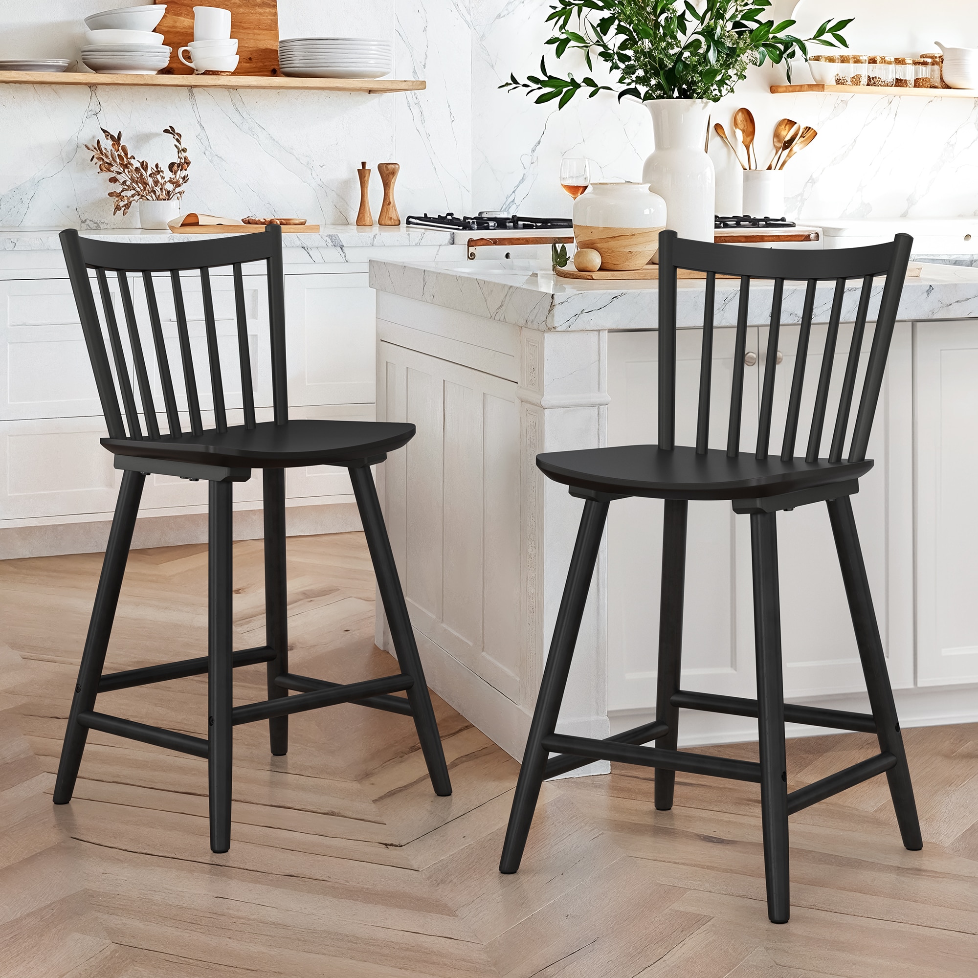 LUE BONA YB-147-01LS Set of 2 Black 24-in H Counter height (24-in to 27-in) Square Seat Wood Back Bar Stool Back