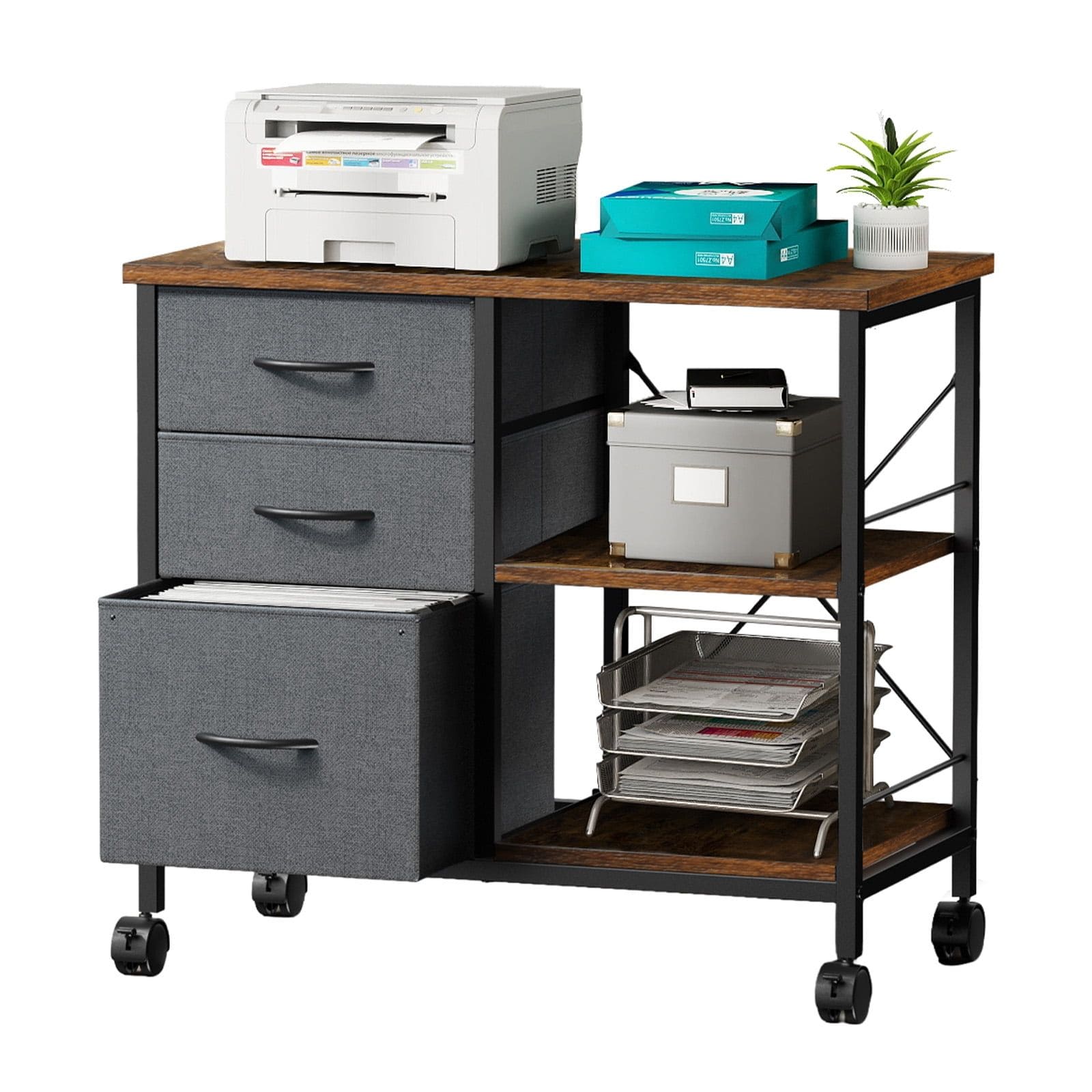 JUSHUA - Rolling File Cabinet with 3 Drawers Fabric Lateral Filing Storage for A4 Letter Size Mob...