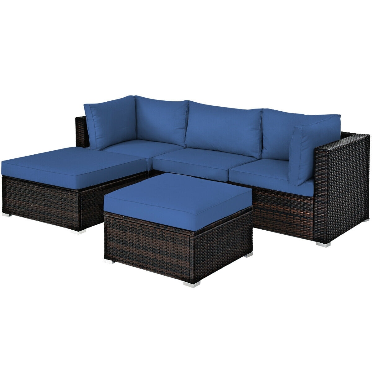 Forclover HBV-HW686NY 5 Pieces Patio Sectional Rattan Furniture Set Rattan Outdoor Sectional with Blue Cushions and Steel Frame