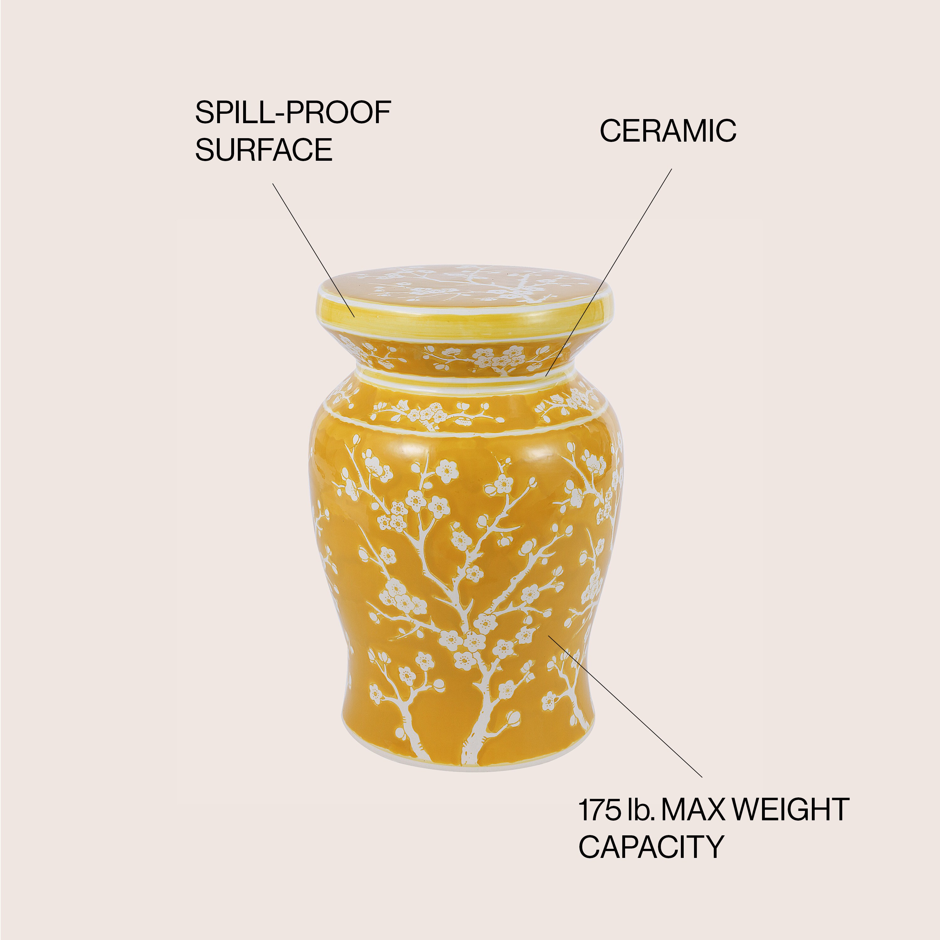 Yellow Ceramic Cherry Blossom Garden Stool 17.75"