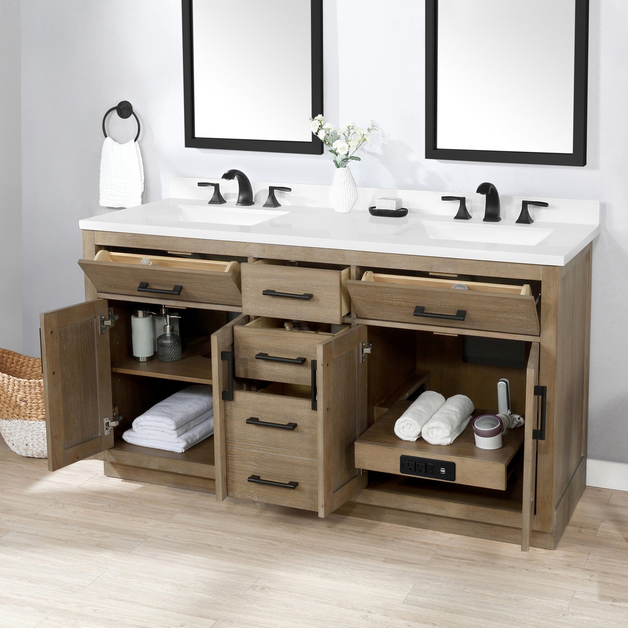 OVE Decors Bailey 60-in Driftwood Oak Undermount Double Sink Bathroom ...