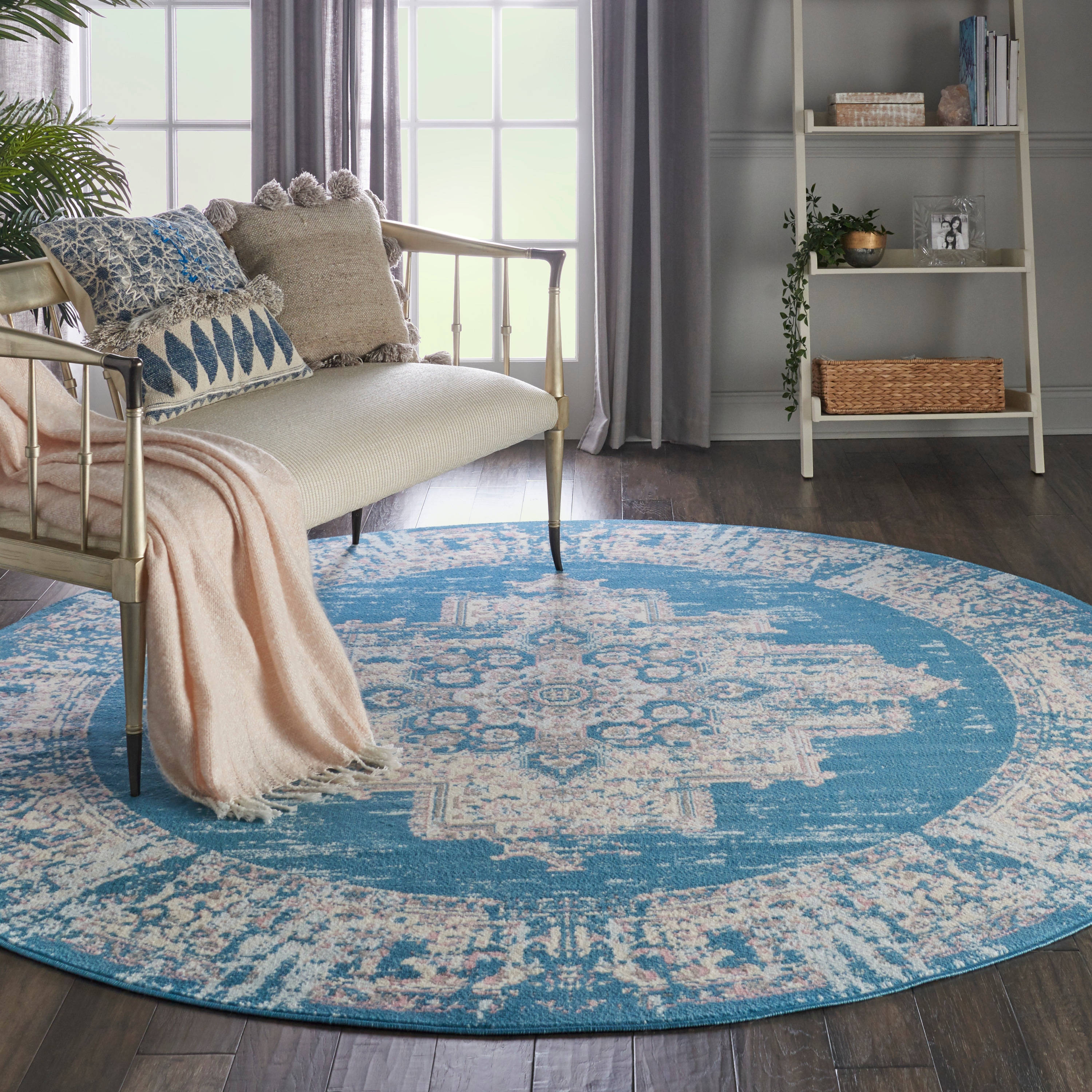 Nourison 99446481610 Grafix 8 x 8 (ft) Loomed Polypropylene Blue Round Indoor Medallion French Country Area rug