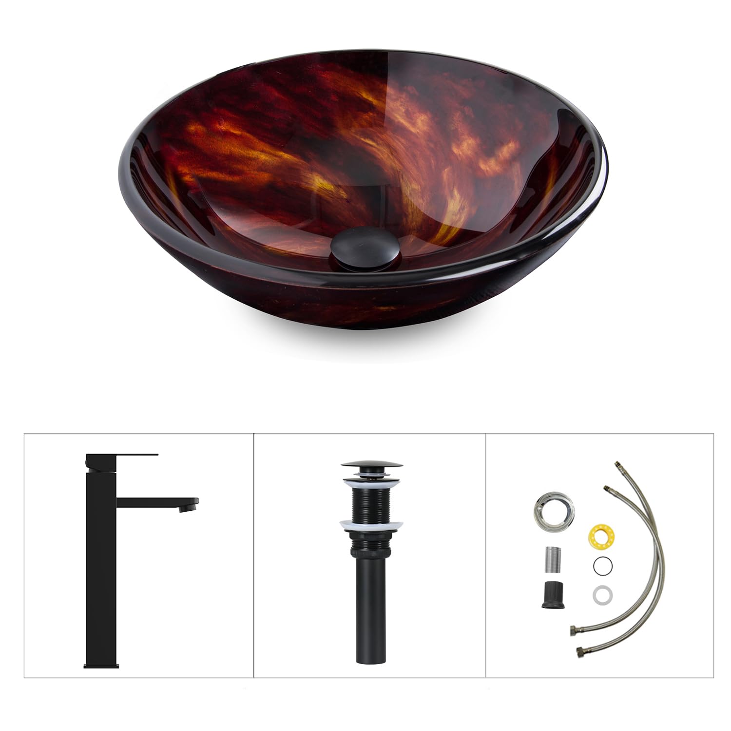 Lovav Flame Red Round Tempered Glass Vessel Sink With Faucet Pop Up ...