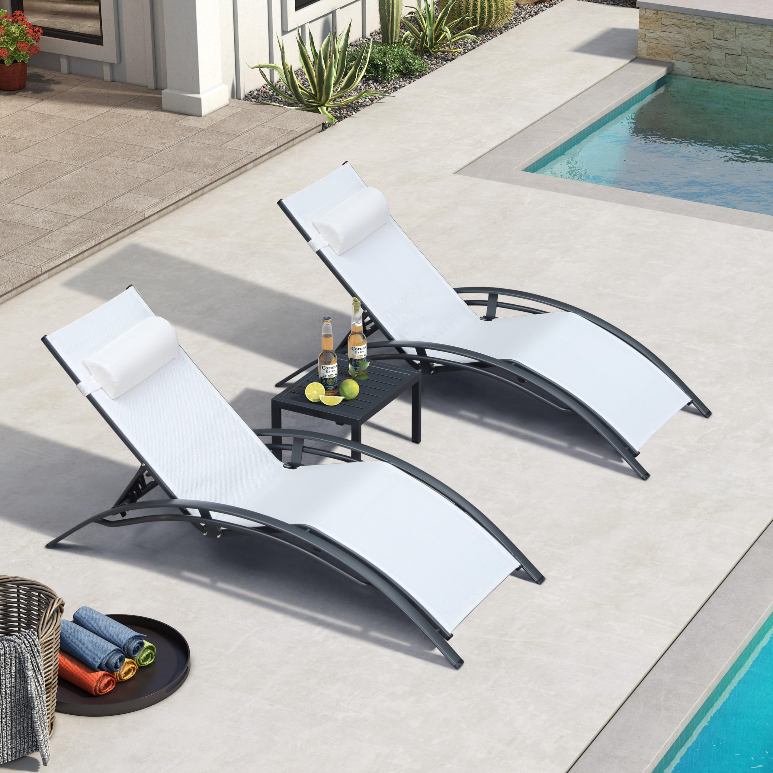 PURPLE LEAF LSMCLS01-XXL-WH-4PC Streamlined Stackable Adjustable Chaise lounge With Table Set of 4 Stackable Oversize Aluminum Frame Stationary Chaise Lounge Chair with White Cushioned Seat