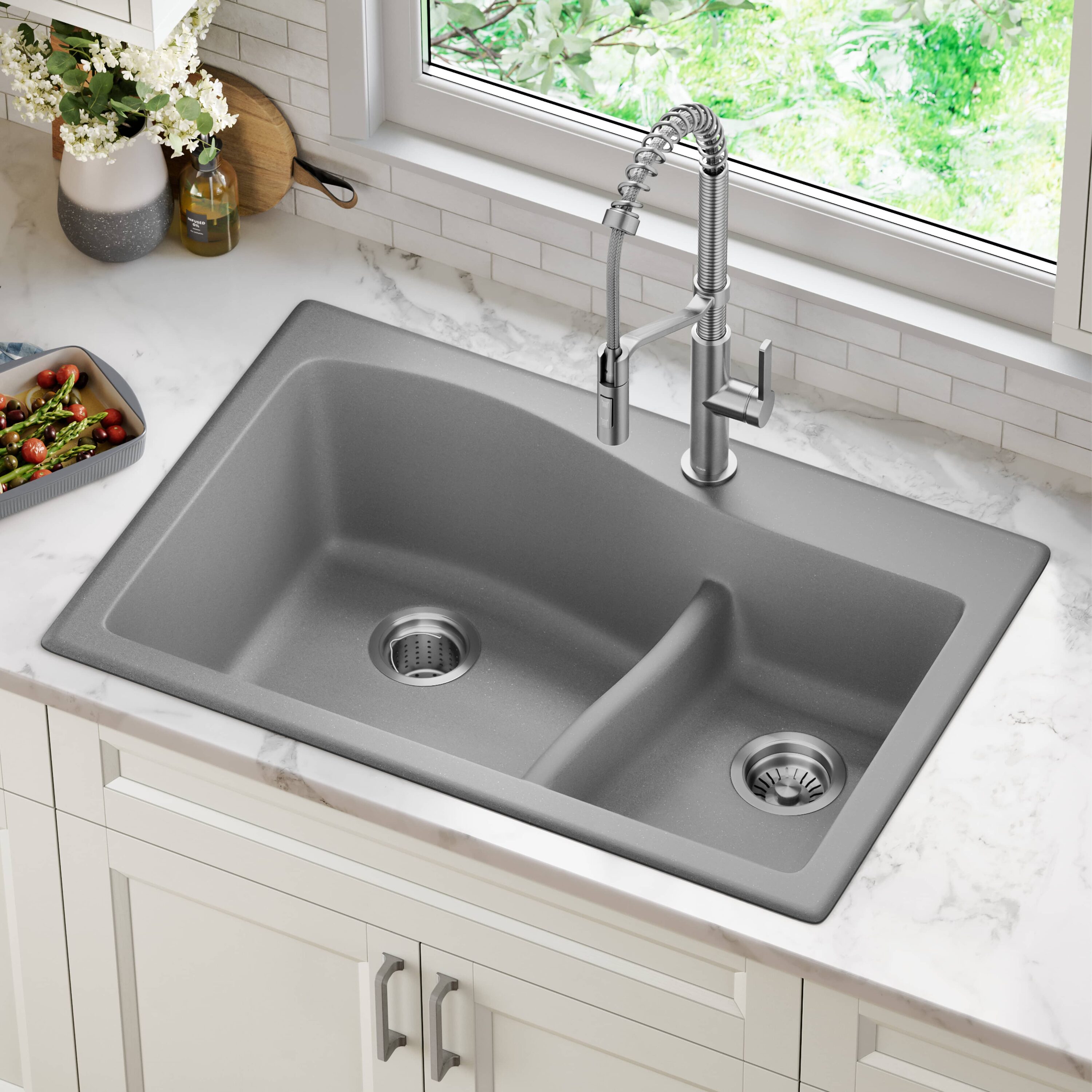 Kraus KGD-442GREY Quarza Dual-mount 33.0-Inches x 22.0-Inches Granite Double offset bowl 4-Hole Kitchen Sink