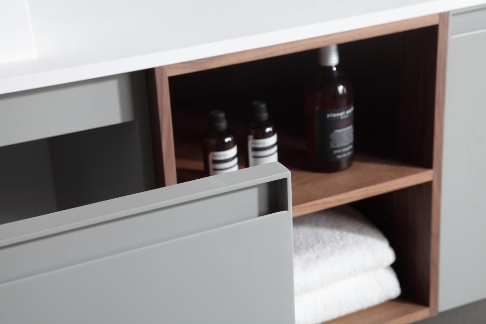 Manarola 72" Light Gray Wall-Mount Modern Vanity with Walnut Shelves