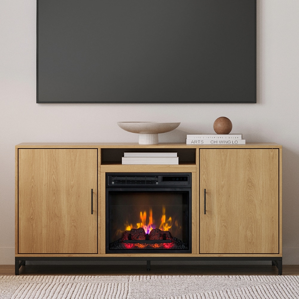 Modern White Oak TV Stand with Electric Fireplace and Cabinets