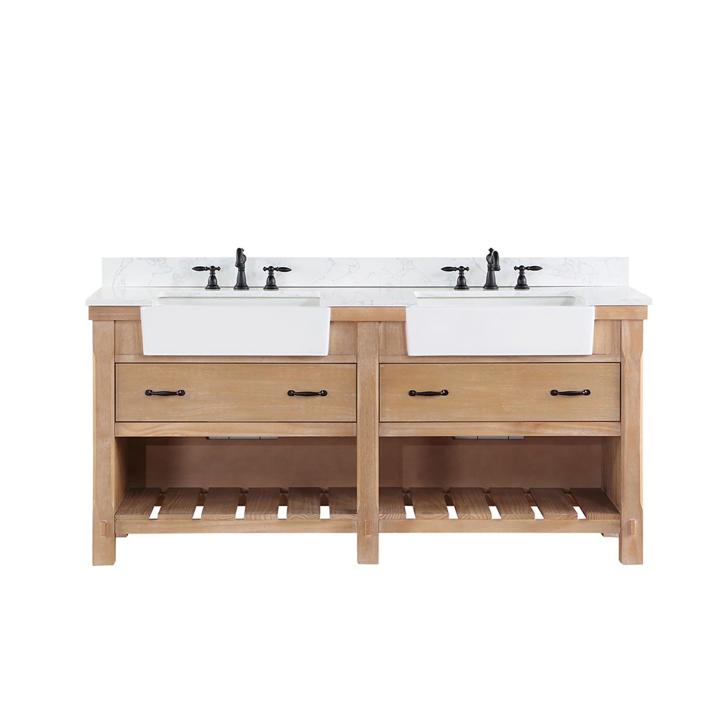 Weathered Pine Double Sink Vanity with White Stone Top