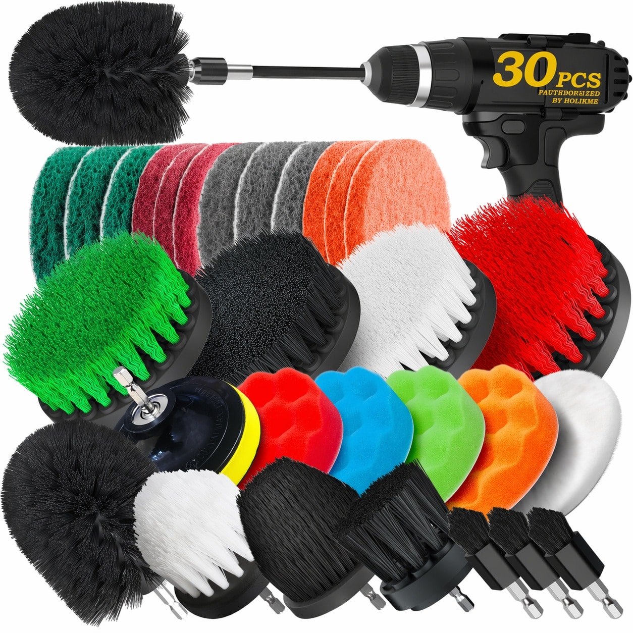 LAIFUCAM  30 Piece Drill Brush Set Power Scrubber Cleaning Kit with Scrub Pads Sponges and Extended Handle for Grout Tile Bathtub Kitchen