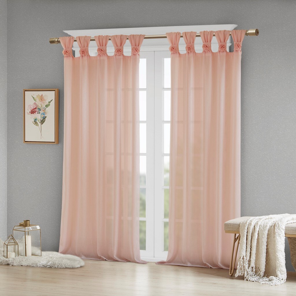 Blisstyle Floral Emb Hed Cuff Tab Top Solid Curtain Panel Linen ...