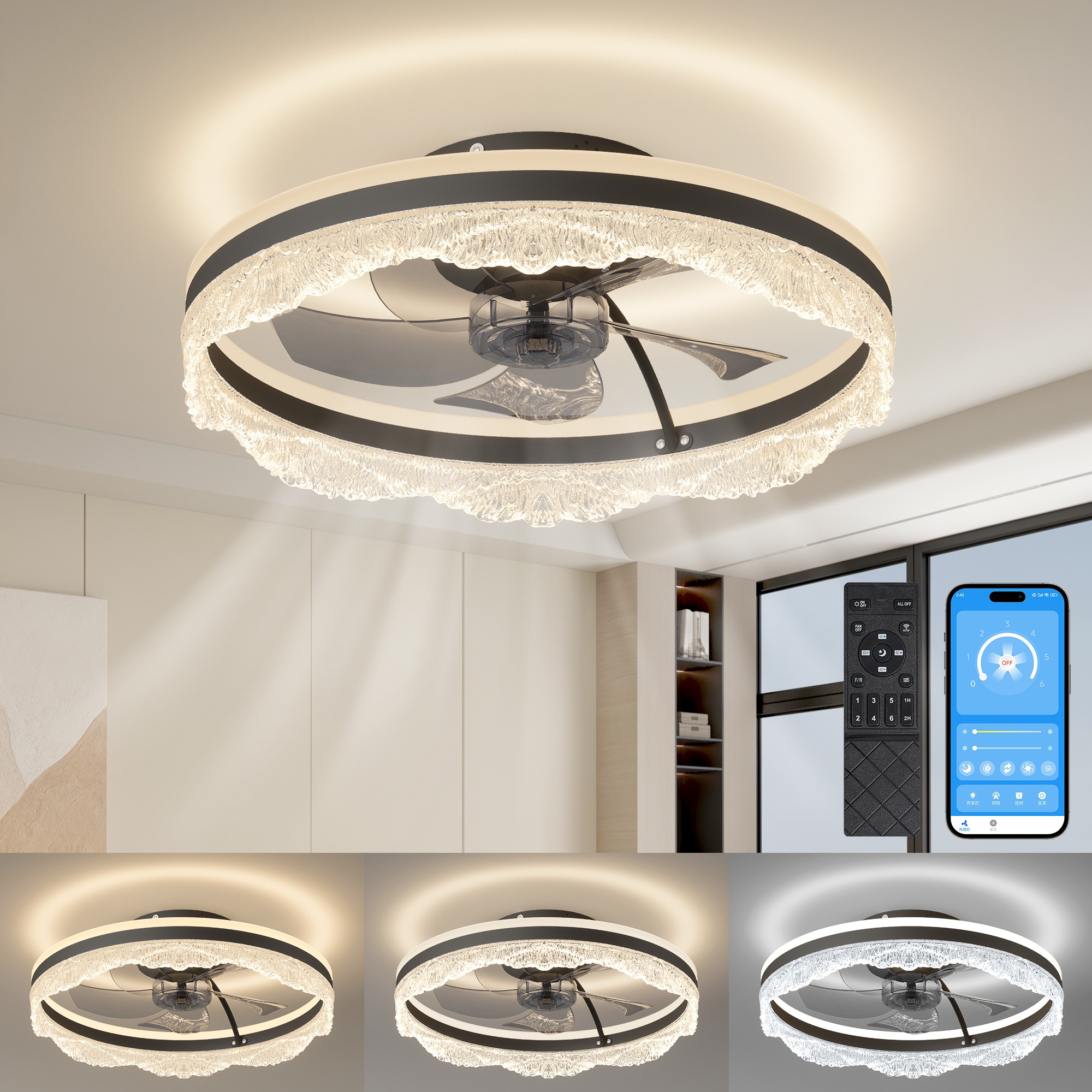 BABOOM BOM-6206ORJSY Smart Silent Crystal Flush Mount LED Fan 20-in Color-Changing Integrated LED Flush Mount Smart Black with ABS Blades Fandelier Ceiling Fan With Light 5 -Blade )