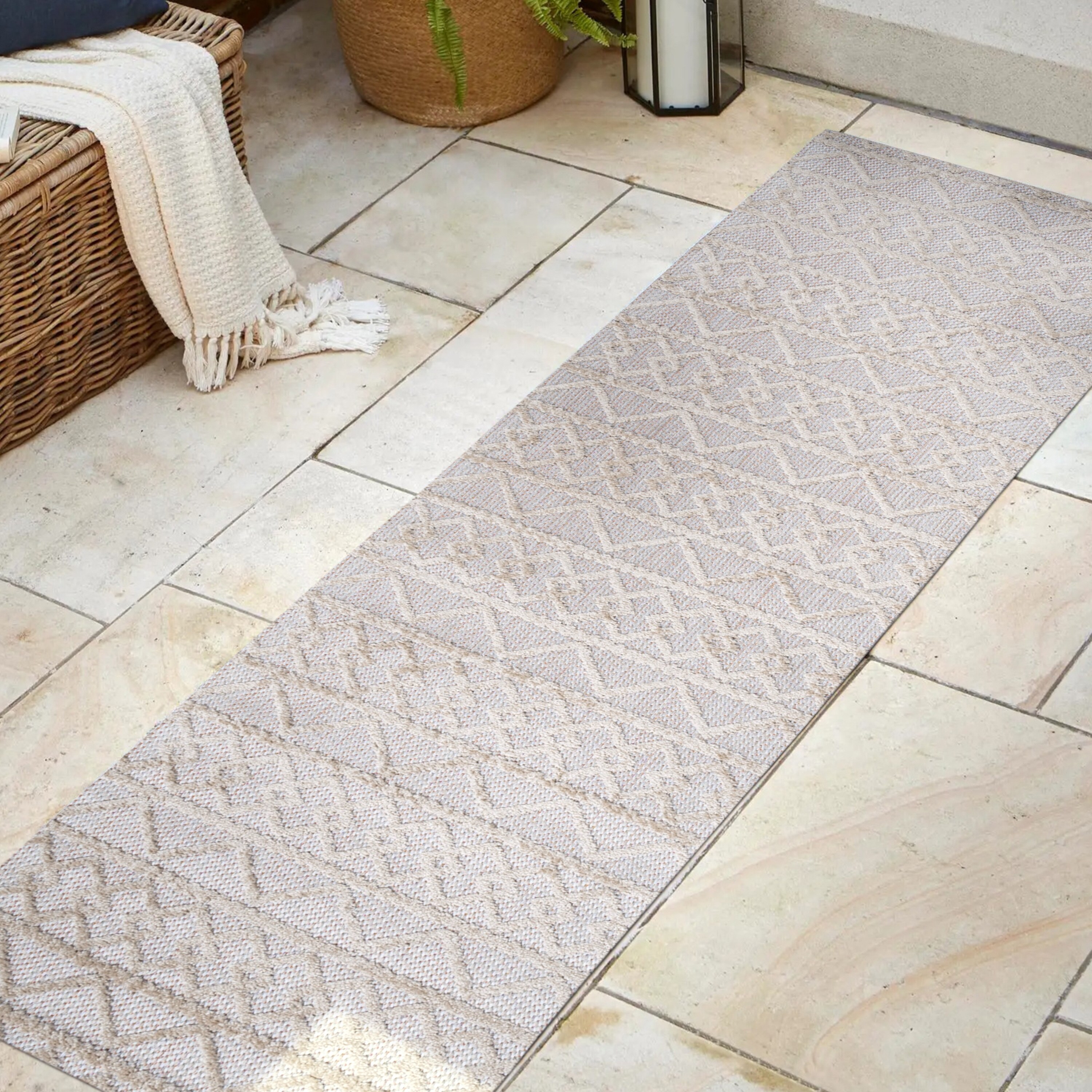 Beige Geometric High-Low Pile Indoor/Outdoor Runner Rug