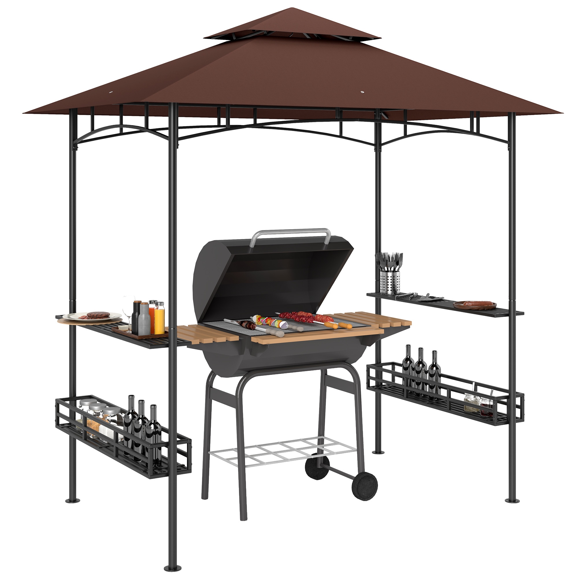 Outsunny 84C-561V00DR  8ft x 5ft Grill Gazebo 2-Tier Outdoor BBQ Gazebo with Ceiling Hook 2 Side Shelves and Storage Baskets for Patio Deck Yard Dark Brown