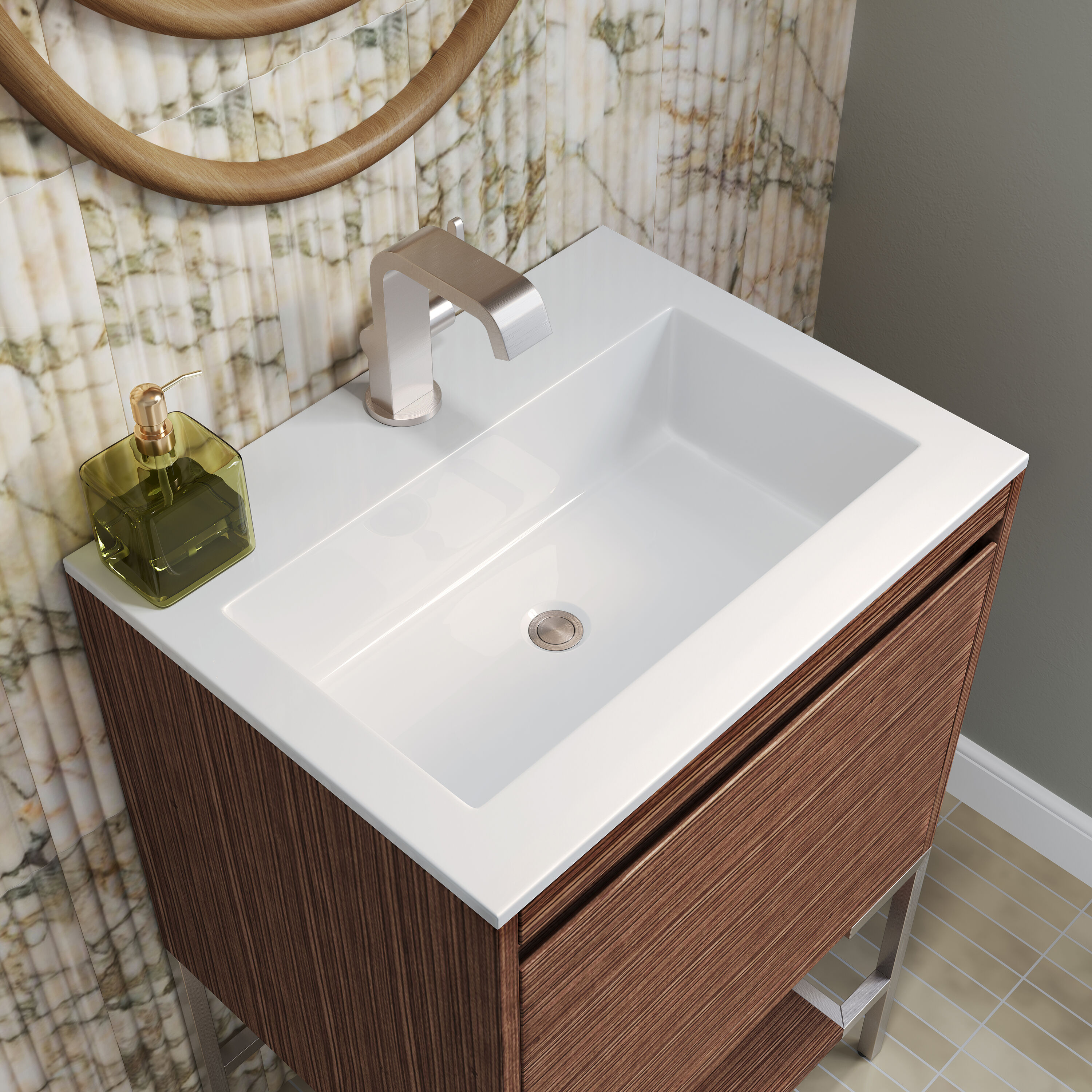 Mid-Century Walnut Single Vanity with Glossy White Top