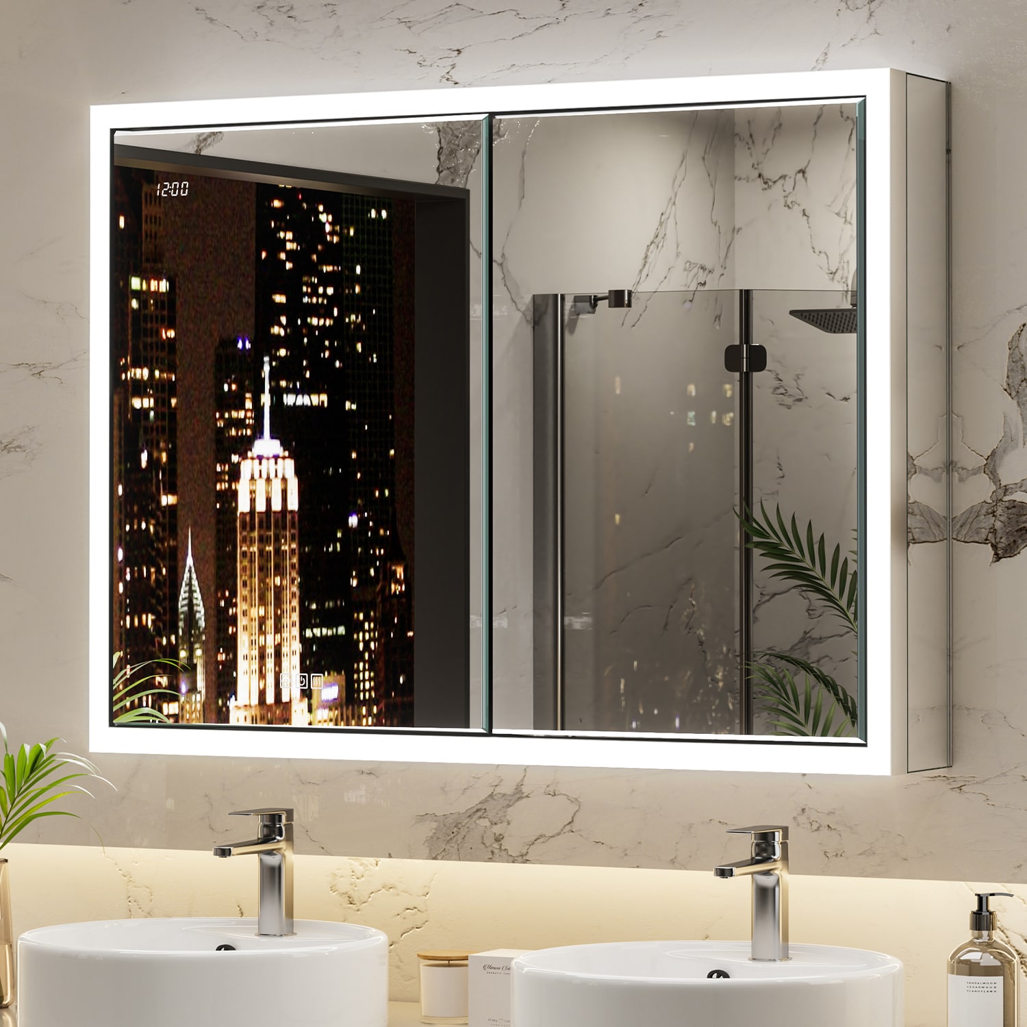 QueenFun BLMC4030 Elega 40-in x 30-in Lighted LED Fog Free Surface/Recessed Mount Silver Mirrored Rectangle Soft Close Medicine Cabinet