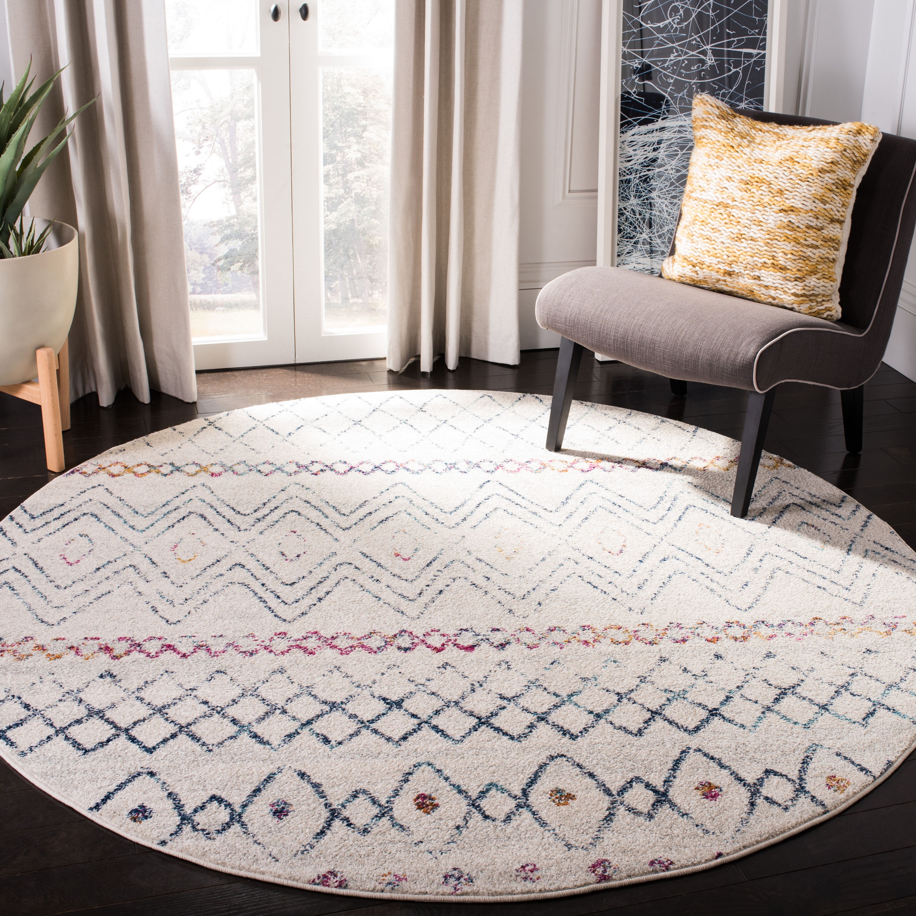 Safavieh MAD798B-7R Madison Kalab 7 x 7 (ft) Loomed Synthetic Ivory/Dark Blue Round Indoor Distressed/Overdyed Moroccan Area rug