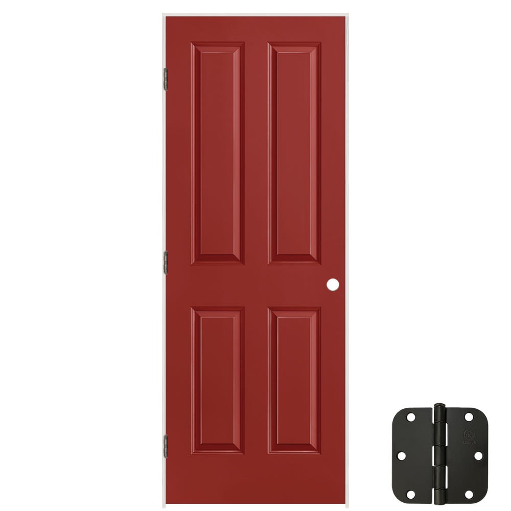 Masonite 627186 30-in x 80-in Barn Red Solid core 4 panel square Right hand Smooth Prefinished Molded composite Flat Jamb Single Prehung Interior Door