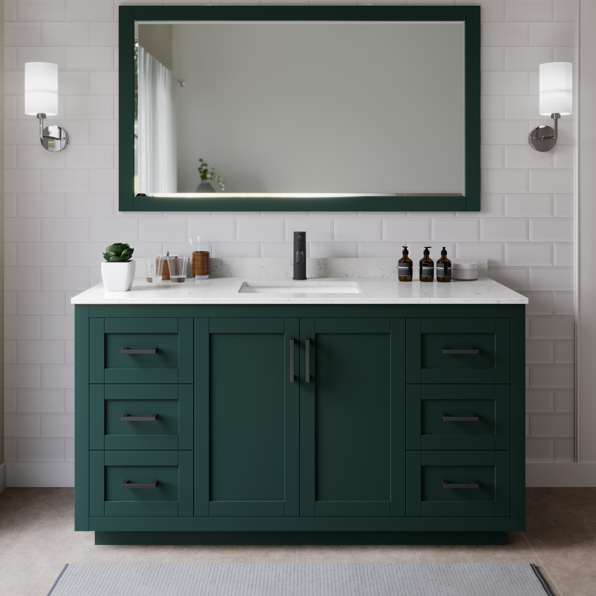 Wyndham Collection WCF292966SGKC2UNSMXX Miranda 66-in Green with Matte Black Trim Undermount Single sink Bathroom Vanity with Carrara Cultured Marble Cultured marble Top