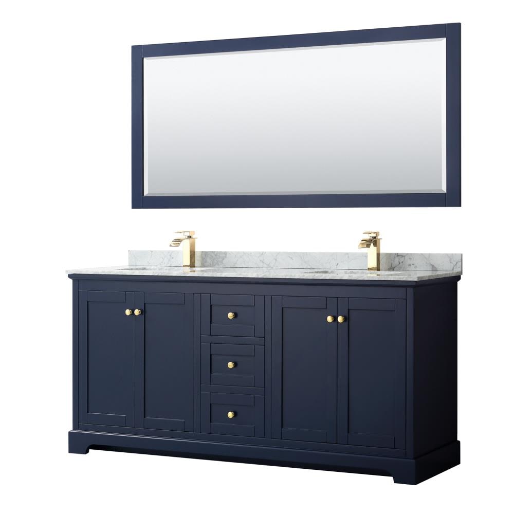 Wyndham Collection WCV232372DBLCMUNSM70 Avery 72-in Dark Blue with Brushed Gold Trim Undermount Double sink Bathroom Vanity with White Carrara Marble Natural marble Top (Mirror Included)