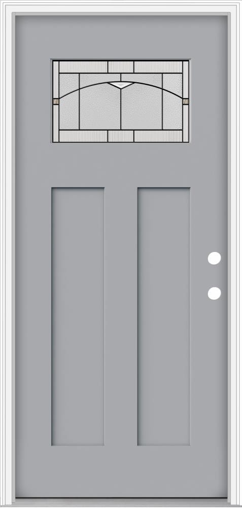 JELD-WEN LOWOLJW205800211 32-in x 80-in Fiberglass Craftsman Left-Hand Inswing Infinity Grey Painted Prehung Front Door with Brickmould Insulating Core