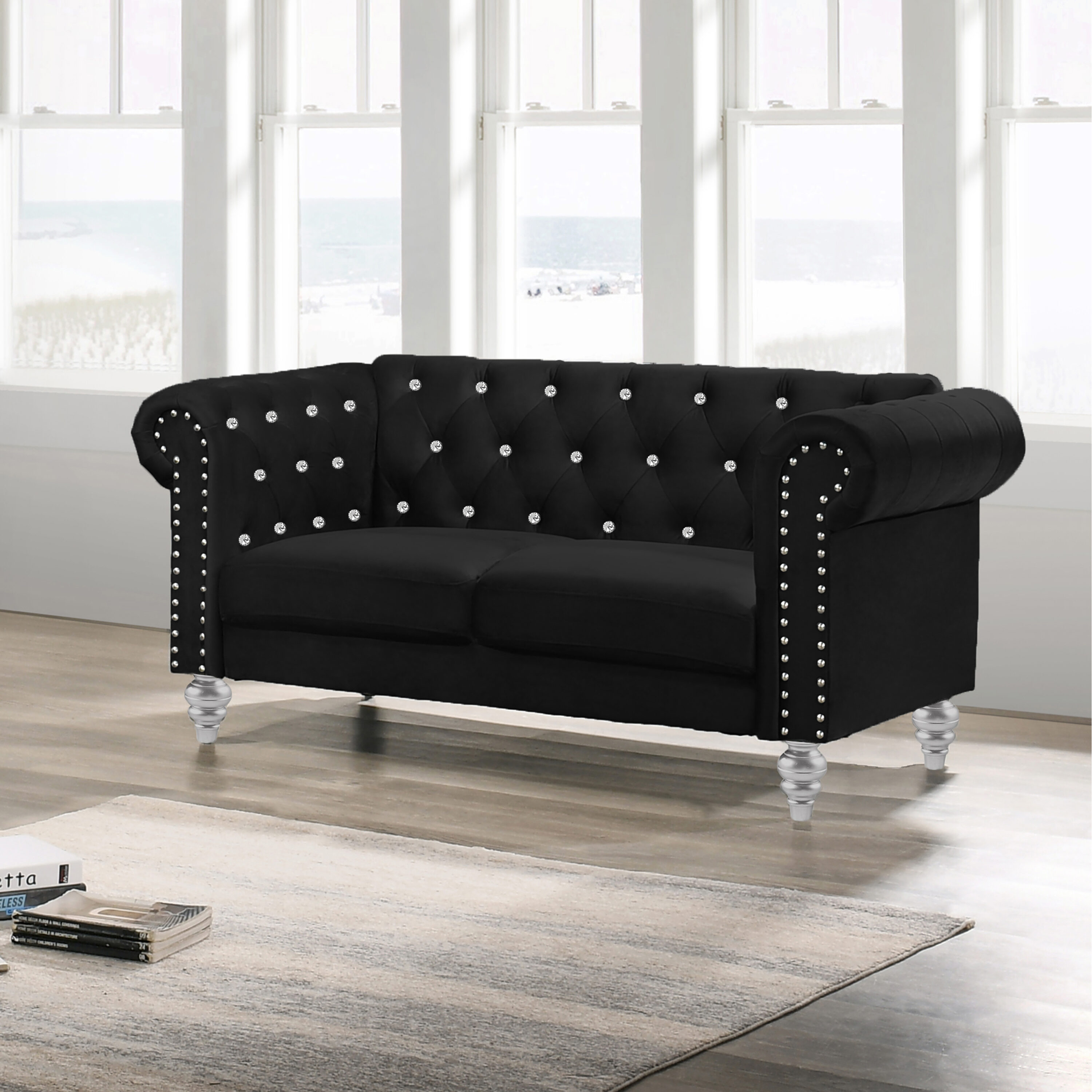 New Classic Furniture UKD13-20-BLKC Emma 61.75-in Glam Black Velvet 2 -seater Loveseat