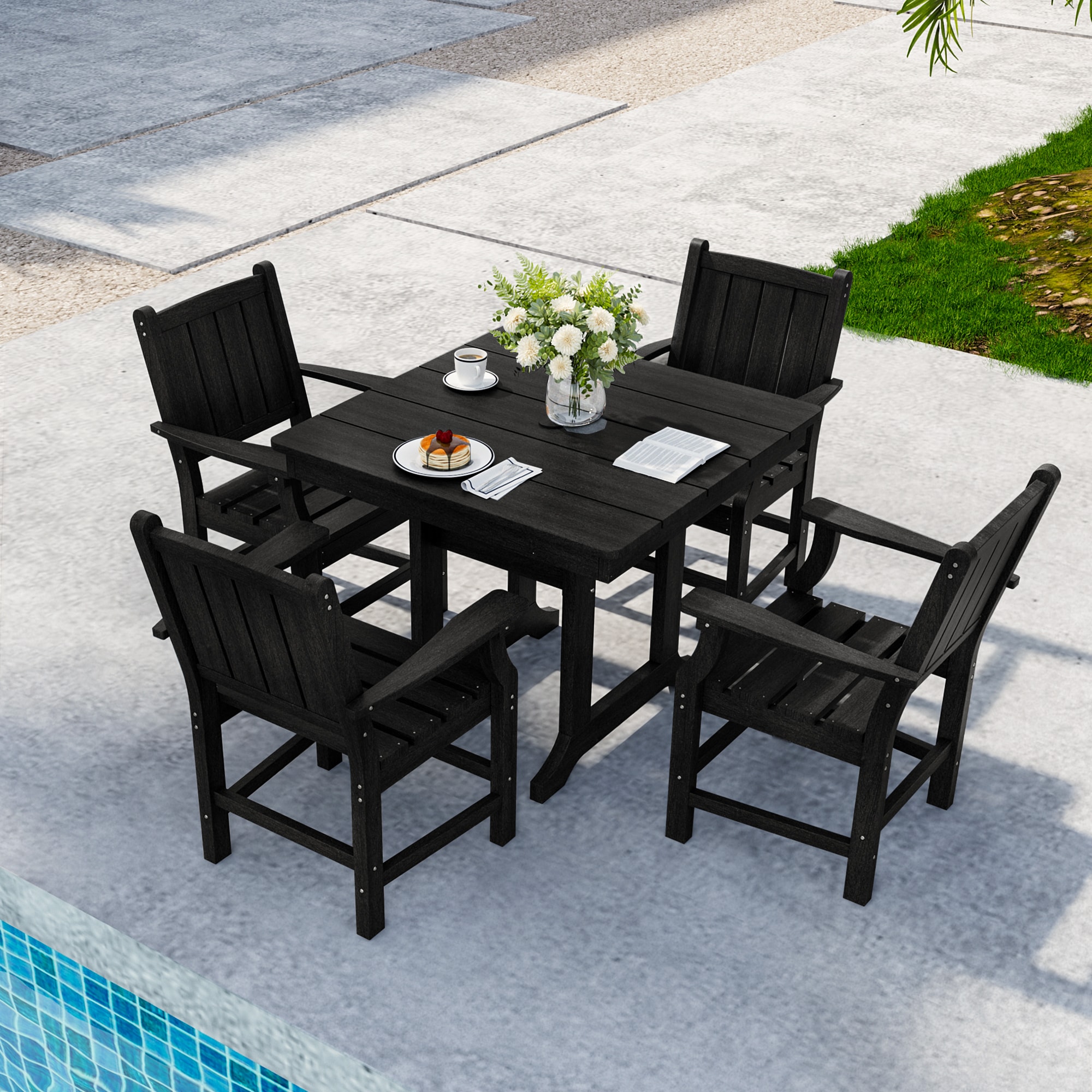 PamaPic HPE-CZ-5-H-WL1 4 -Piece Black Patio Dining Set Plastic Square Table with 4 Stationary Chairs