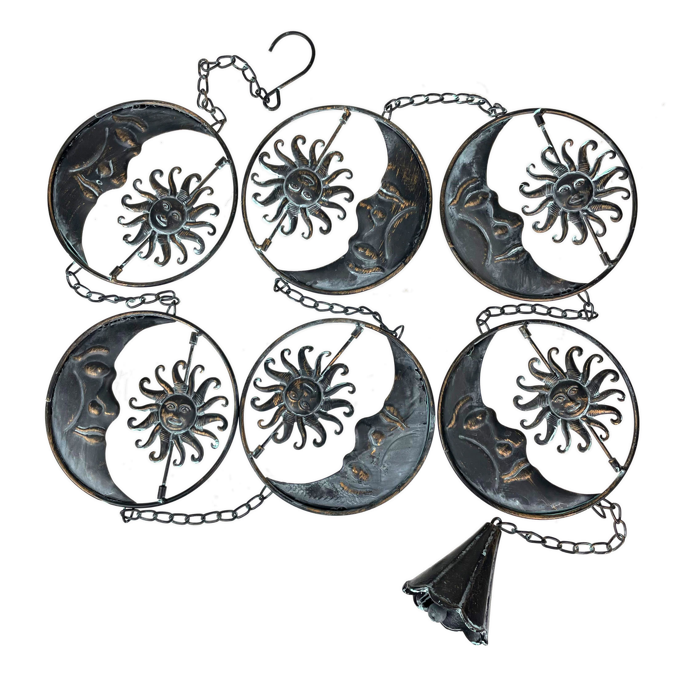 Things2Die4 MRC-54552-DK 80-Inch Metal Rain Chain - 6 Celestial Crescent Moon and Suns - Verdigris Finish