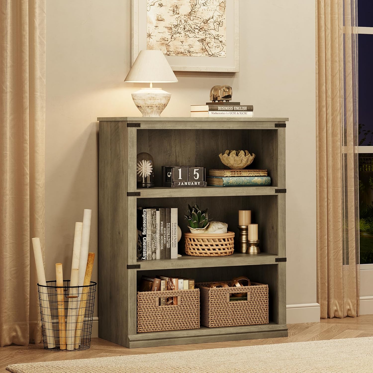 Qeetex QET-BKC-D957 3 Tier Bookcase Farmhouse Book Shelf with Storage Open Display Bookshelves 40 Inch Low Book Case Wooden 3 Shelf Bookcase Home Decor Furniture for Home Office Living Room Bed Room - Grey