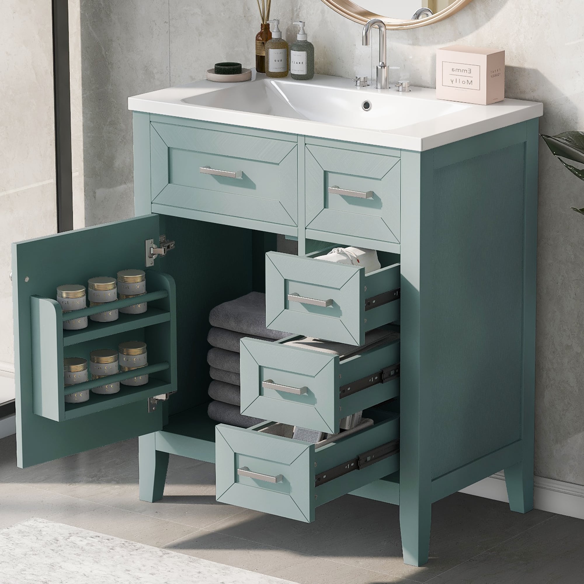 LOVMOR SF-M-N725P246482F 30Inch Bathroom Vanity with Sink Combo Green Bathroom Cabinet with Drawers Solid Frame and MDF Board Old