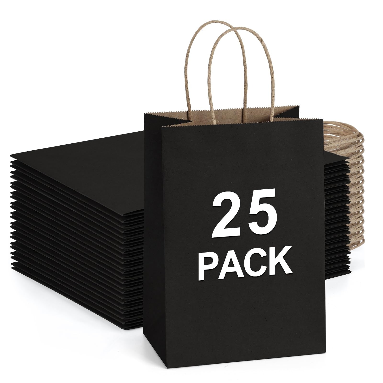 Afoxsos  Kraft Paper Bags 25 pcs Small Gift Bags with Handles 5 25 x 3 x 8 Inch Black Eco Friendly Party Favor Retail Merchandise Shopping Bags
