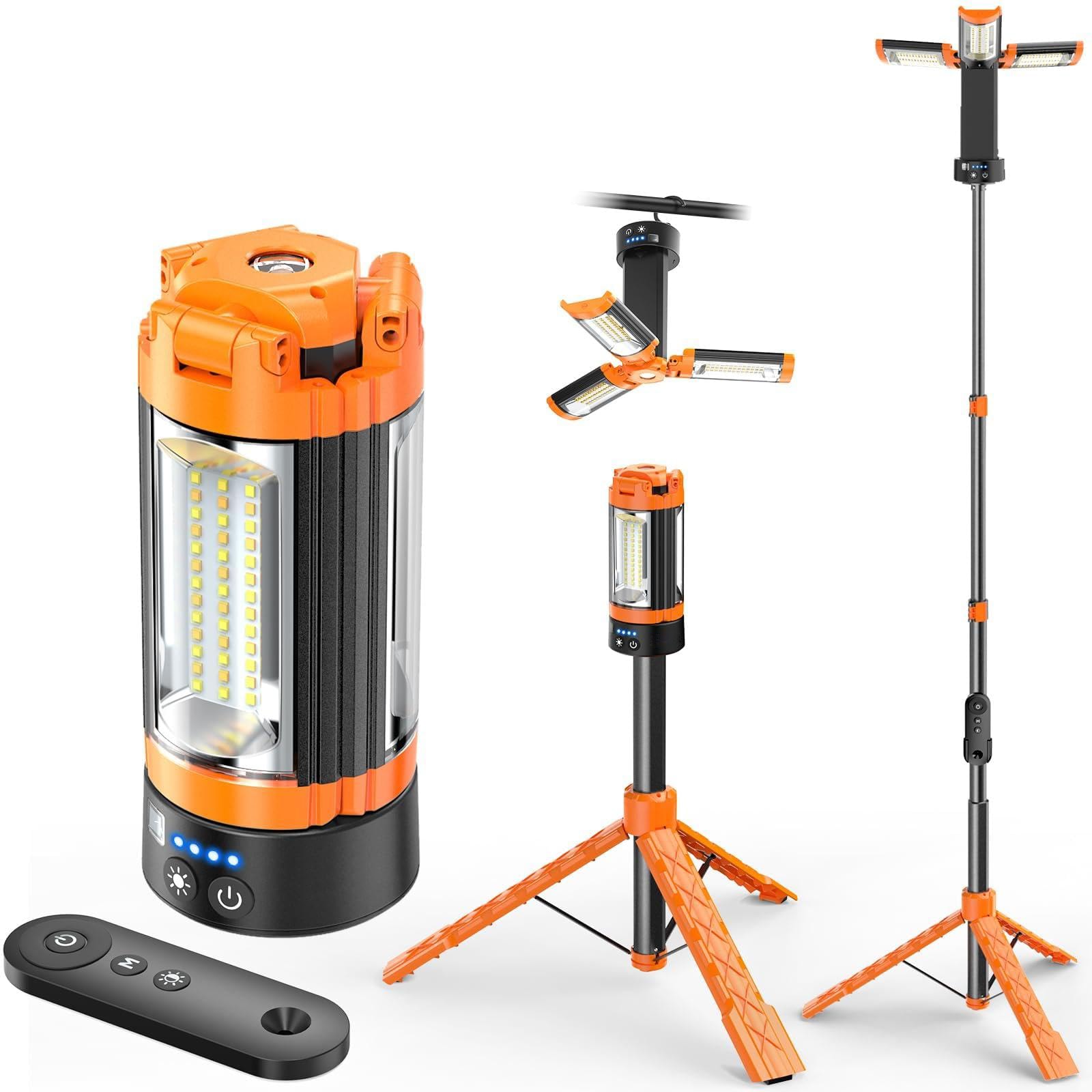 Afoxsos Remote Control Rechargeable Camping Light with Detachable Tripod Adjustable Height 30 to 71 in 3 LED Lamp Heads 1 Piece Orange